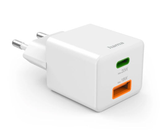 Hama 00201991 USB-Ladegerät 20 W – USB-C×1, USB-A×1 – PD, QC 3.0 – für Kopfhörer, Powerbank u. a. – Weiss