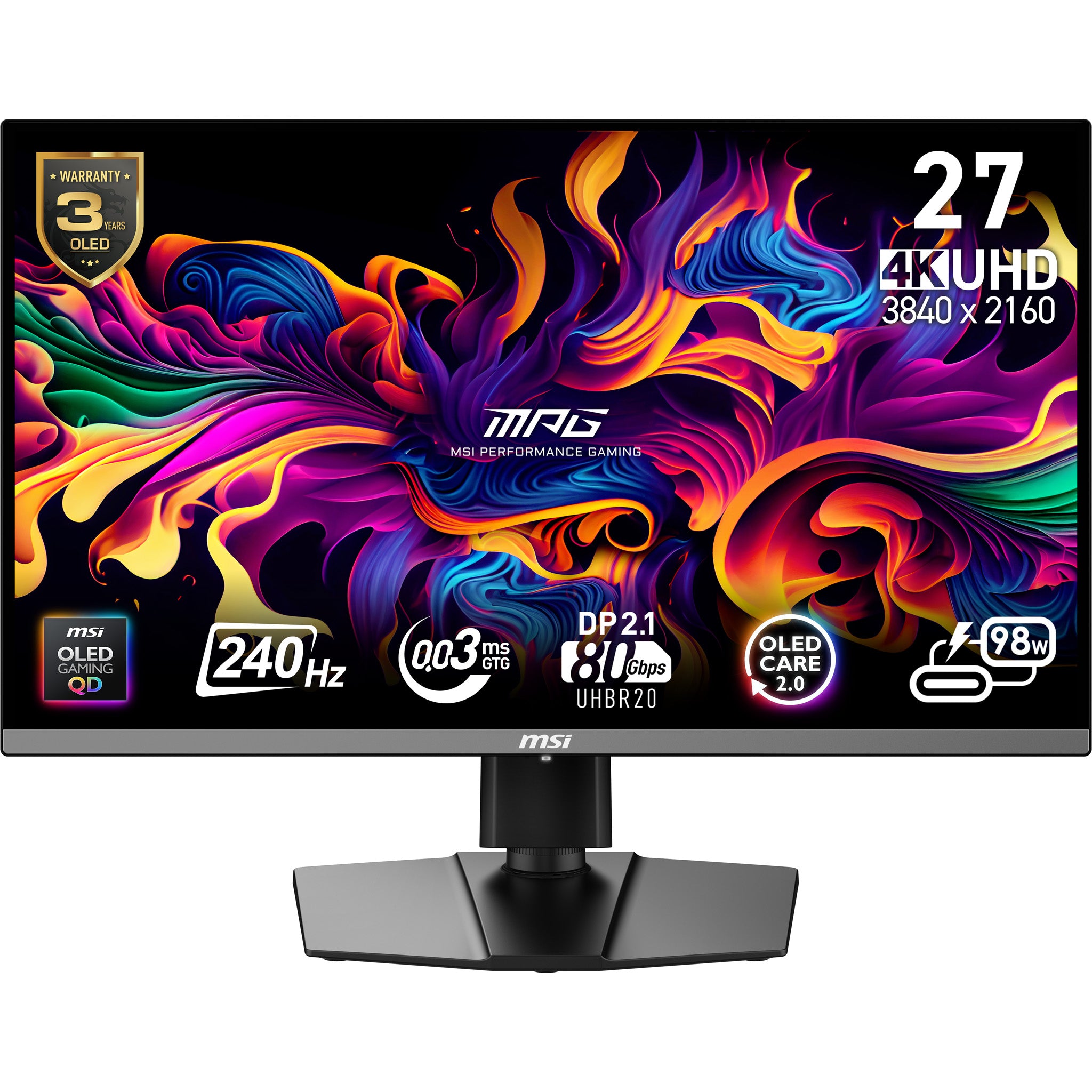 MSI MPG 272URXDE – Monitor, 26,5", 3840 × 2160 (UHD 4K), OLED, 240 Hz, 250 cd/m², Schwarz