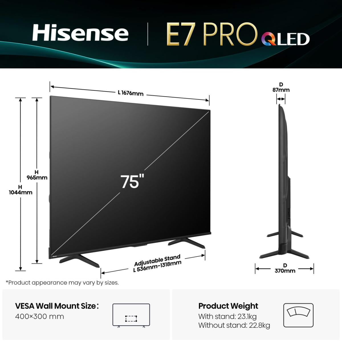 Hisense 75E77Q PRO – 75" Fernseher – 4K UHD – QLED – VIDAA – 144 Hz – 385 cd/m² – Dolby Vision