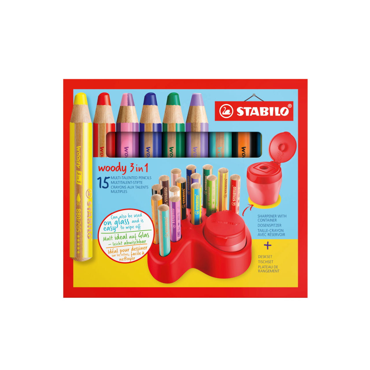 STABILO Woody 3 in 1 Aquarellstift, mehrfarbig, 15er-Set – Ø 10 mm