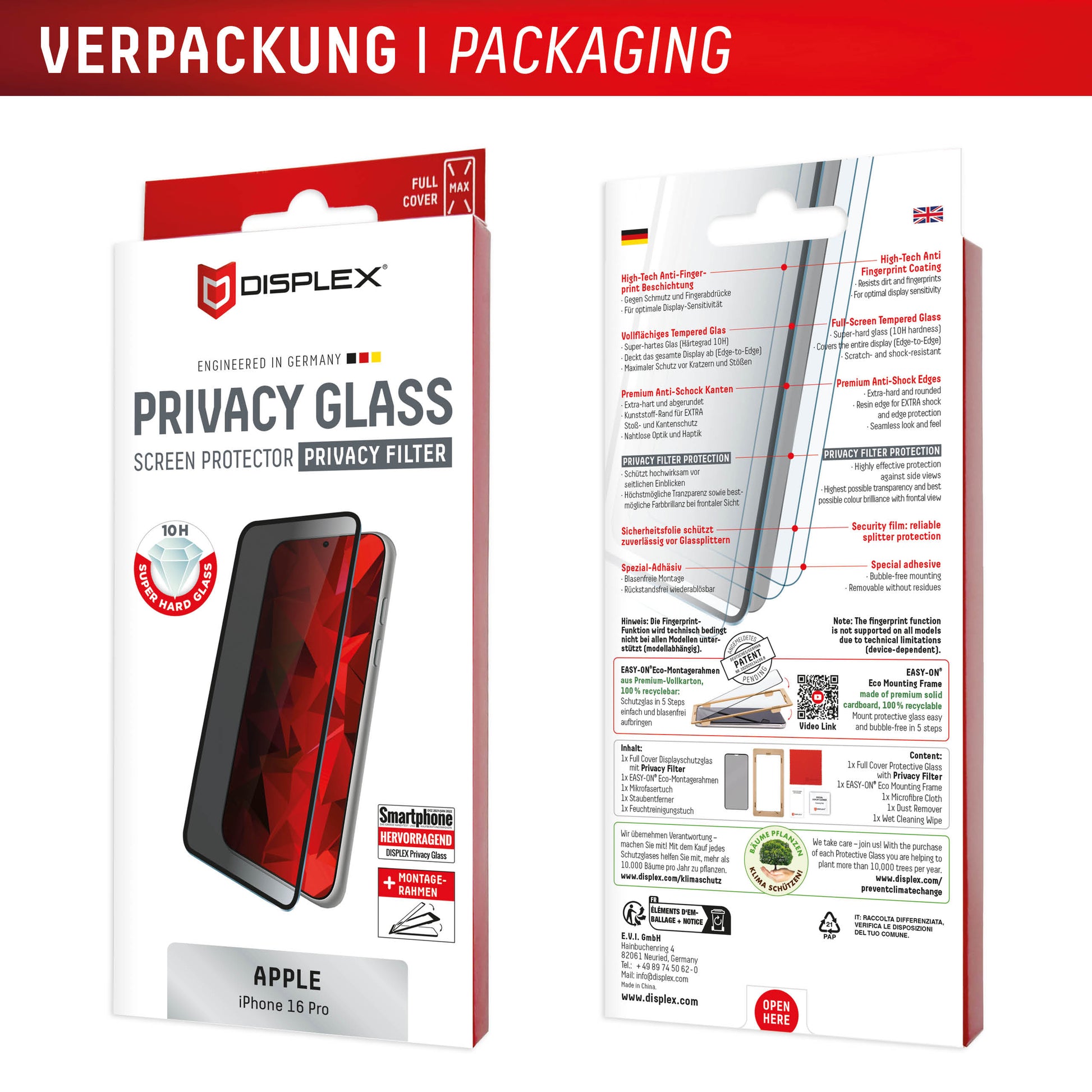 Displex Privacy-Filter (Panzerglas), Full Cover – für iPhone 16 Pro – mit Applikator