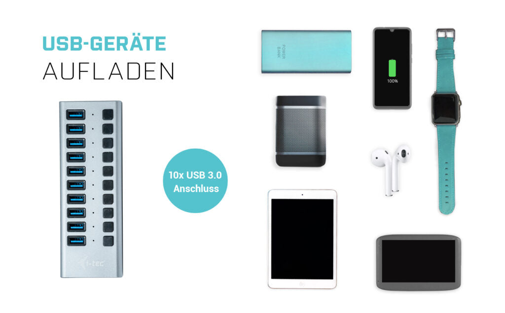 i-tec Ladegerät – 48 W, 10× USB-A, mit externem Netzteil – für Tablets, Notebooks, Ultrabooks und mehr