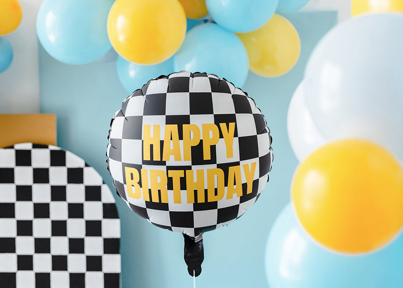 PartyDeco Folienballon Zielflagge Happy Birthday – mehrfarbig – Ø 35 cm – Folie – 1 Stk