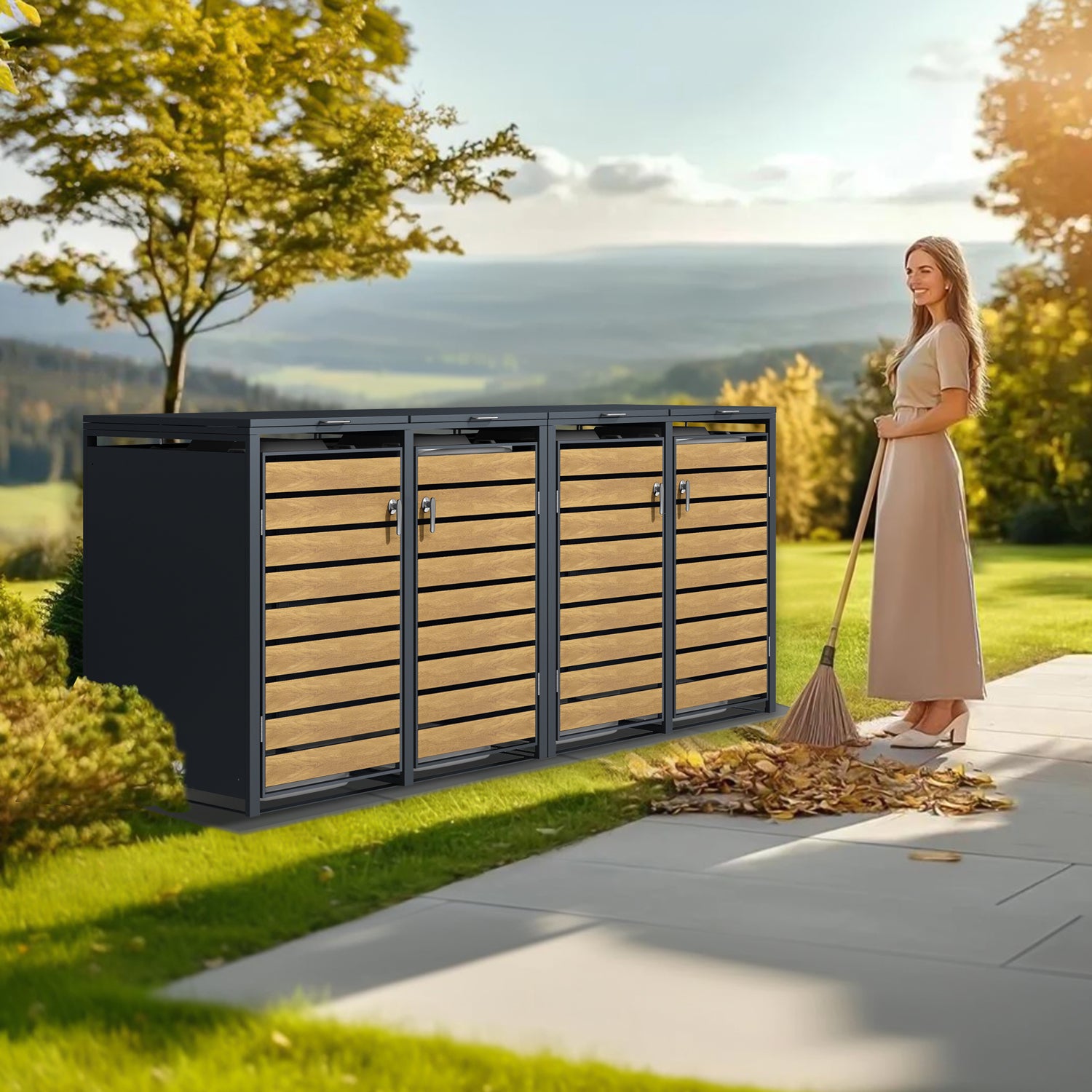 Phoenix Safe Co. Müllcontainer GB4426AWK – Stahl, rechteckig – Anthrazit/Holzoptik – Soft-Close, 4-türig