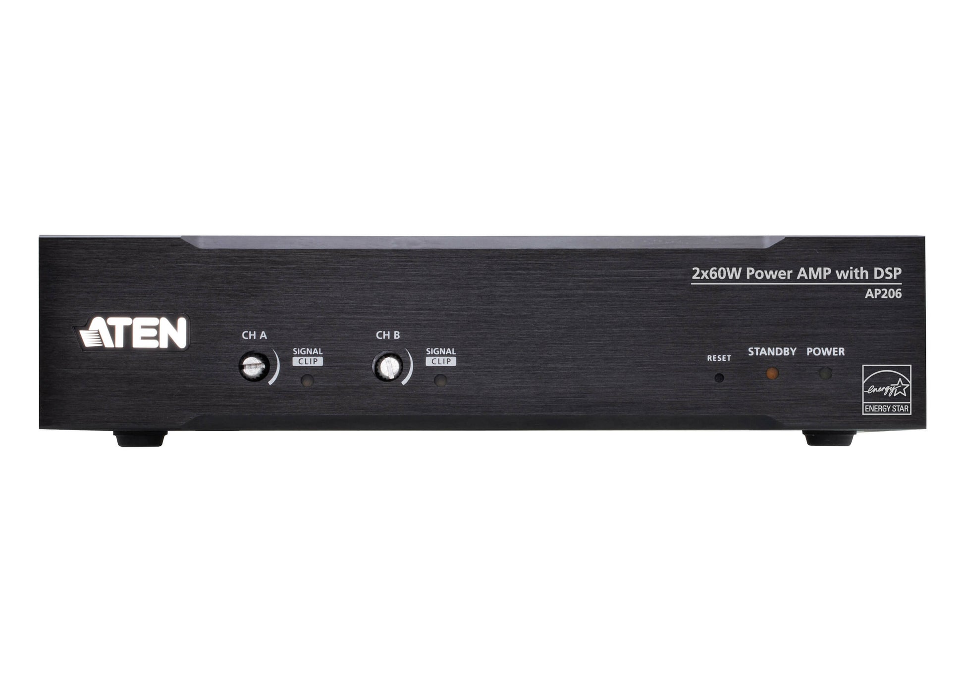 ATEN AP206 – Stereo-Vollverstärker, 2×60 W (8 Ω), Euroblock, RS-232, Schwarz