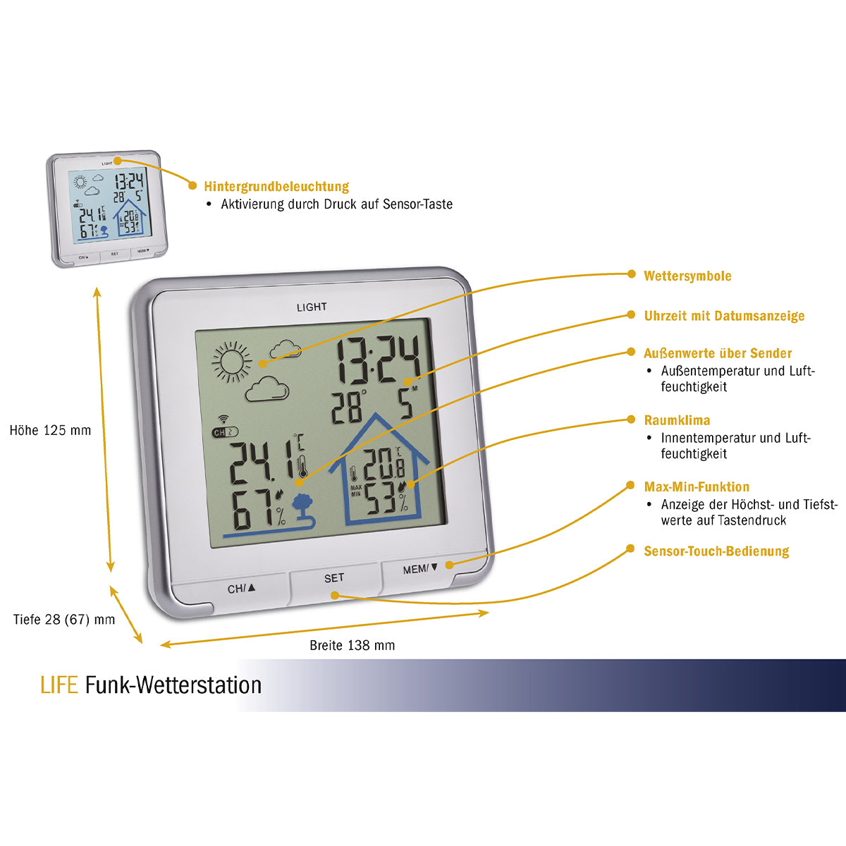 TFA-Dostmann LIFE Temperatur-/Feuchtesensor – Kabellos, −30–70 °C, 20–95 %, Innen/Aussen