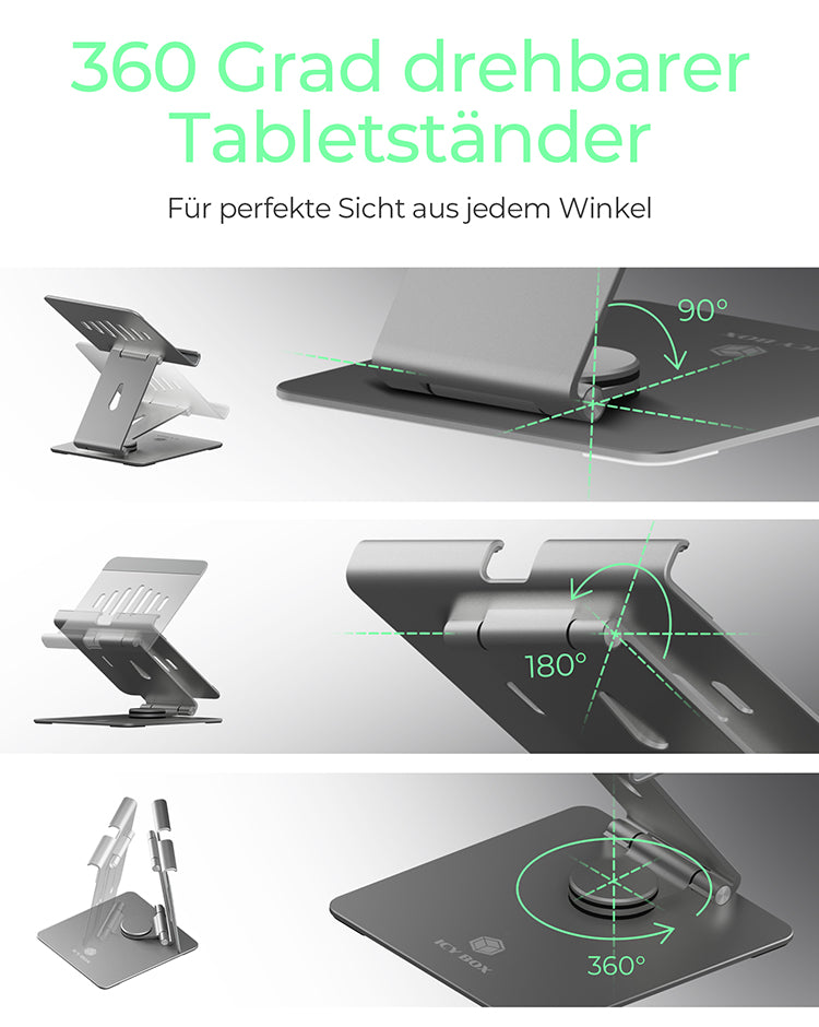 ICY BOX Tablet-Ständer – für Tablets bis 12,9" – drehbar, faltbar – Aluminium