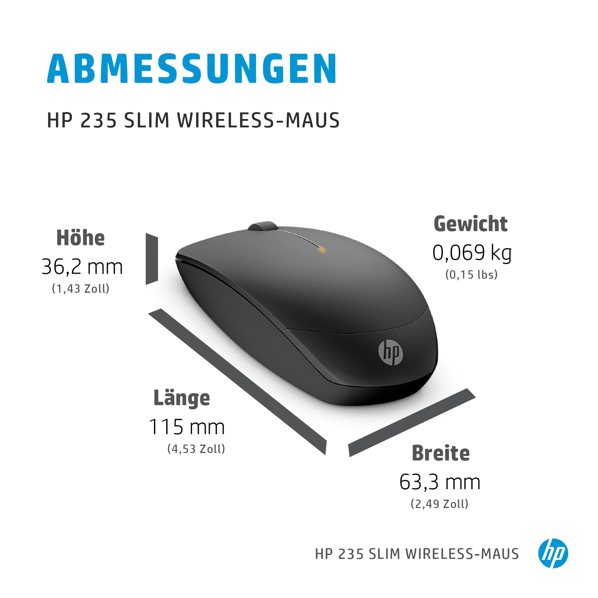 HP 235 Slim – Maus – Kabellos (2,4 GHz), 1600 DPI, beidhändig, Schwarz