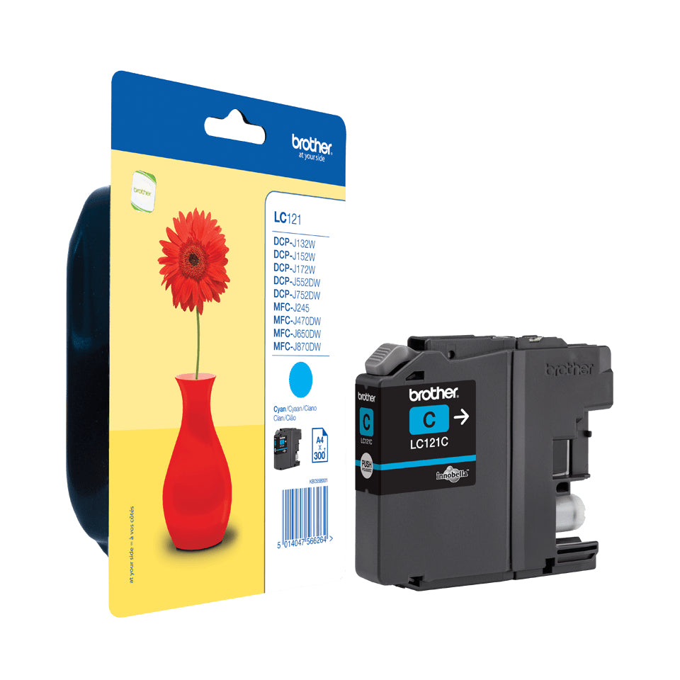 Brother LC121C Cyan Tintenpatrone (Original) – 300 Seiten – für DCP-J132W/152W/552DW, MFC-J470DW/650DW