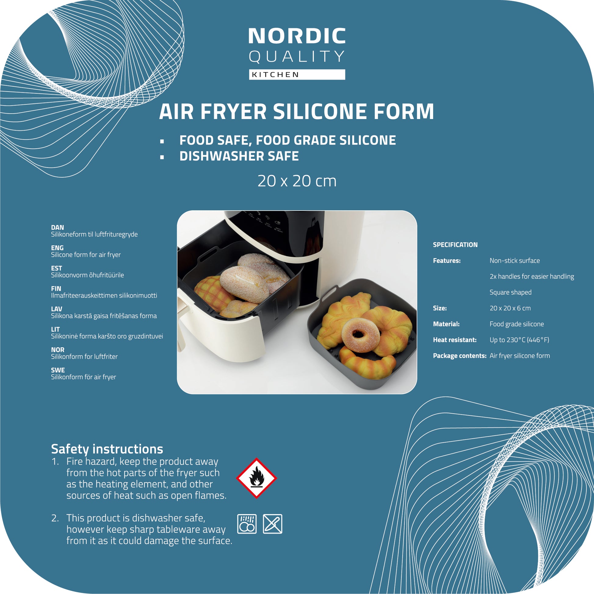 Nordic Quality Silikonform 8272003 für Heissluftfritteusen – 20 × 20 × 6 cm, Silikon, Schwarz