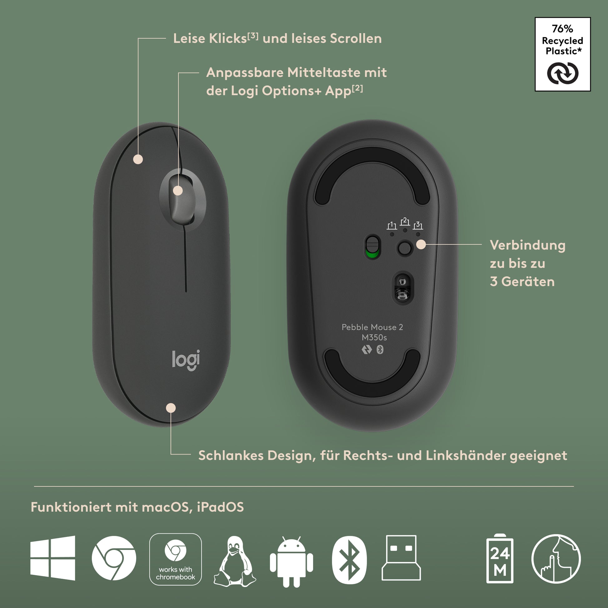 Logitech Pebble M350s Maus – kabellos, Bluetooth, Graphit
