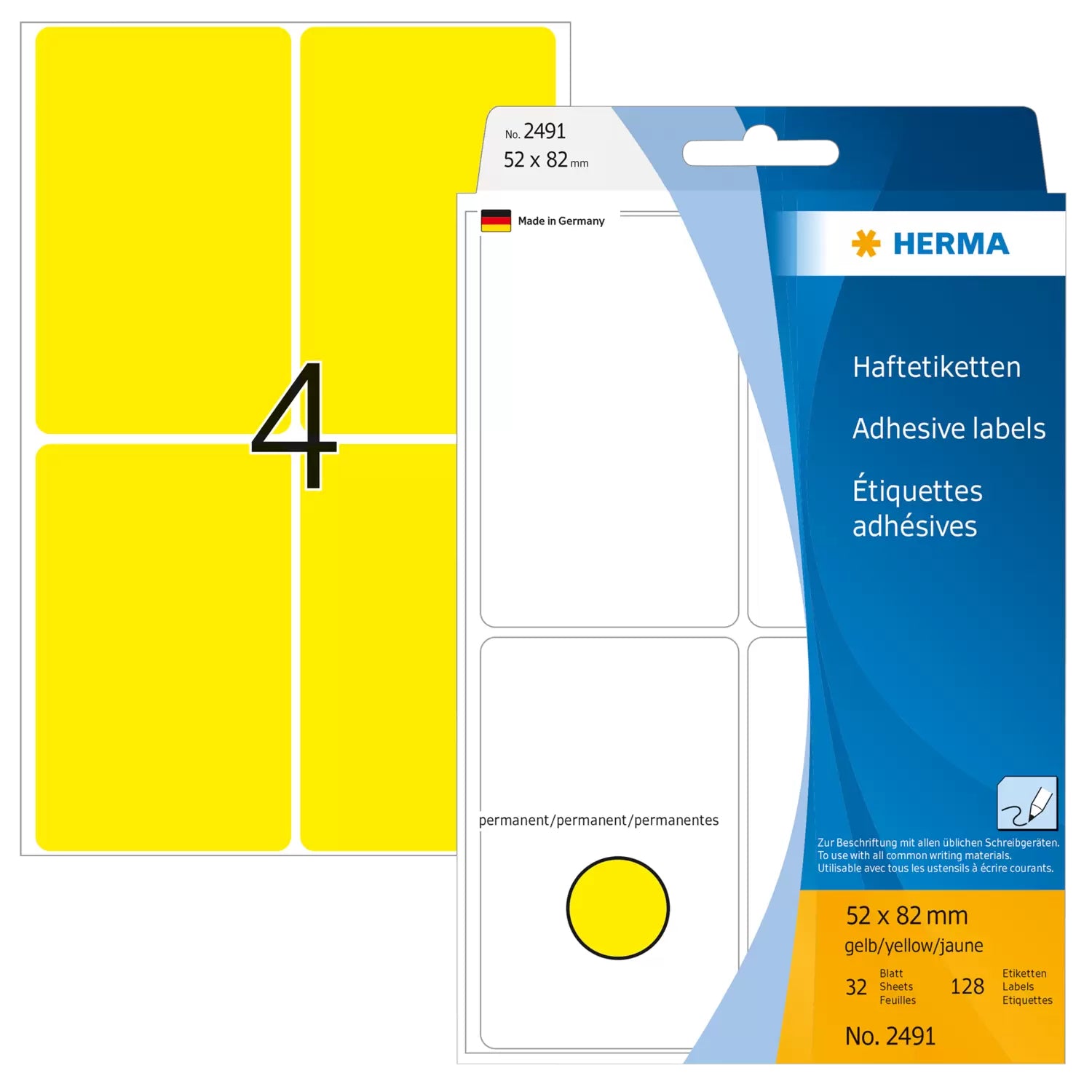 HERMA Schuletiketten – 52 × 82 mm, Abgerundete Ecken, 128 Stk, 32 Bogen, Papier, Permanent Haftend