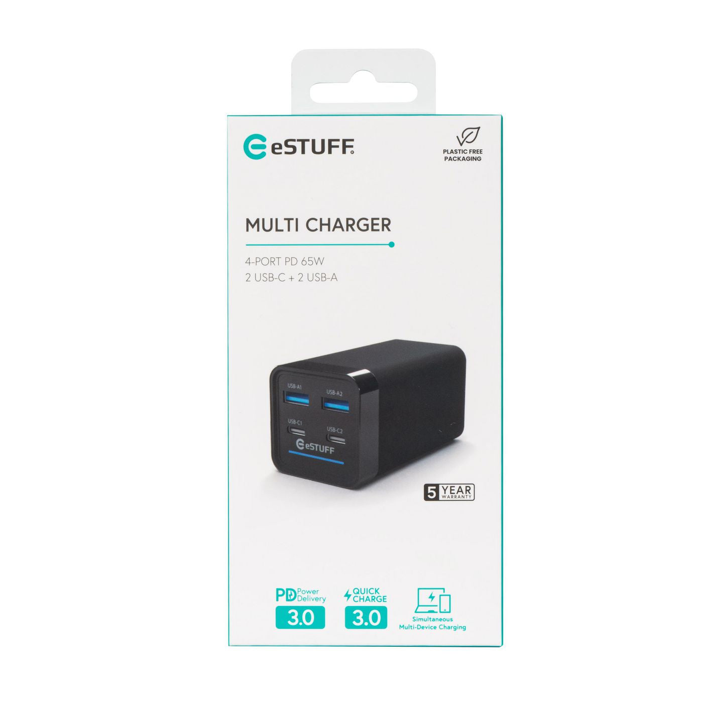 eSTUFF Ladegerät – 65 W, 2× USB-C + 2× USB-A, PD
