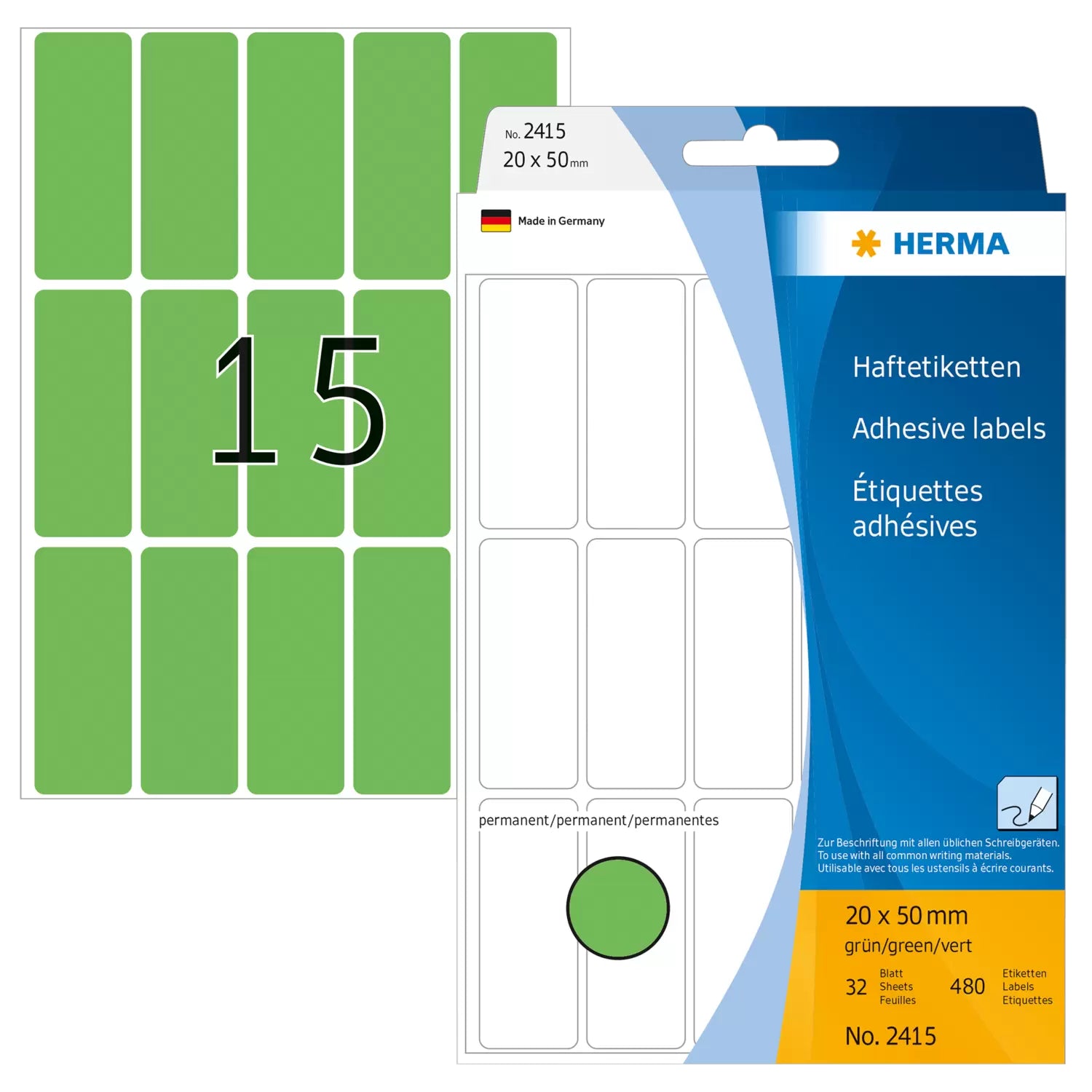 HERMA Schuletiketten – 20×50 mm, Abgerundete Ecken, 480 Stk, 32 Bogen, Papier, Permanent Haftend