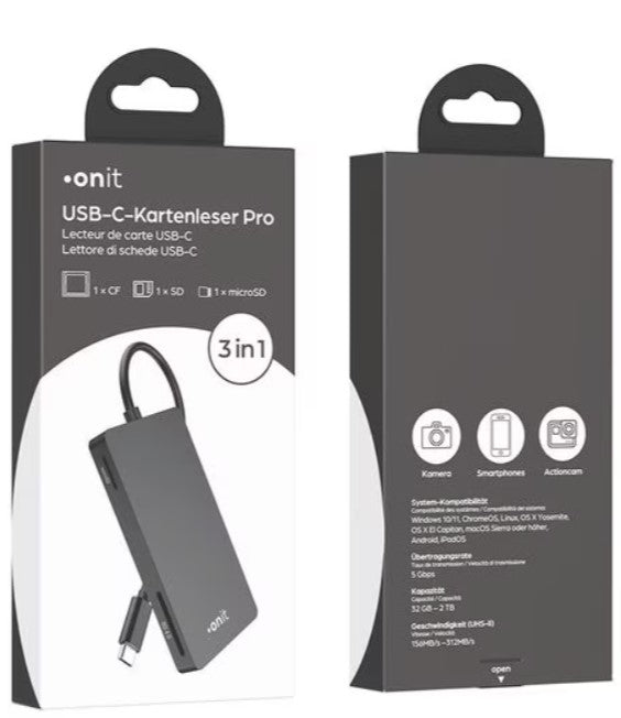 ONIT USB-Kartenleser USB-C – SD/microSD/CF – USB 3.2 Gen 1 (5 Gbit/s) – für Windows, MacOS, Android und mehr