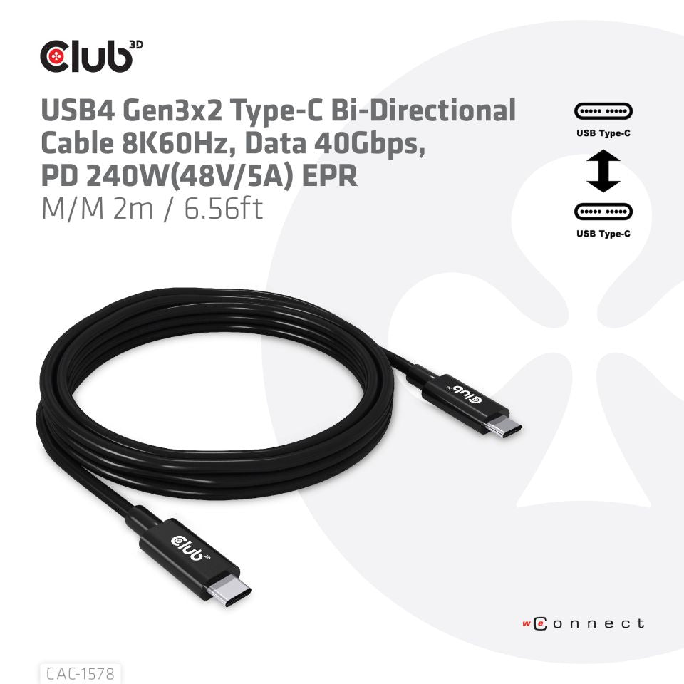 CLUB3D Club 3D – USB-C auf USB-C Kabel – USB4 40 Gbit/s – 2 m – PD 240 W – Schwarz – für Smartphones und mehr