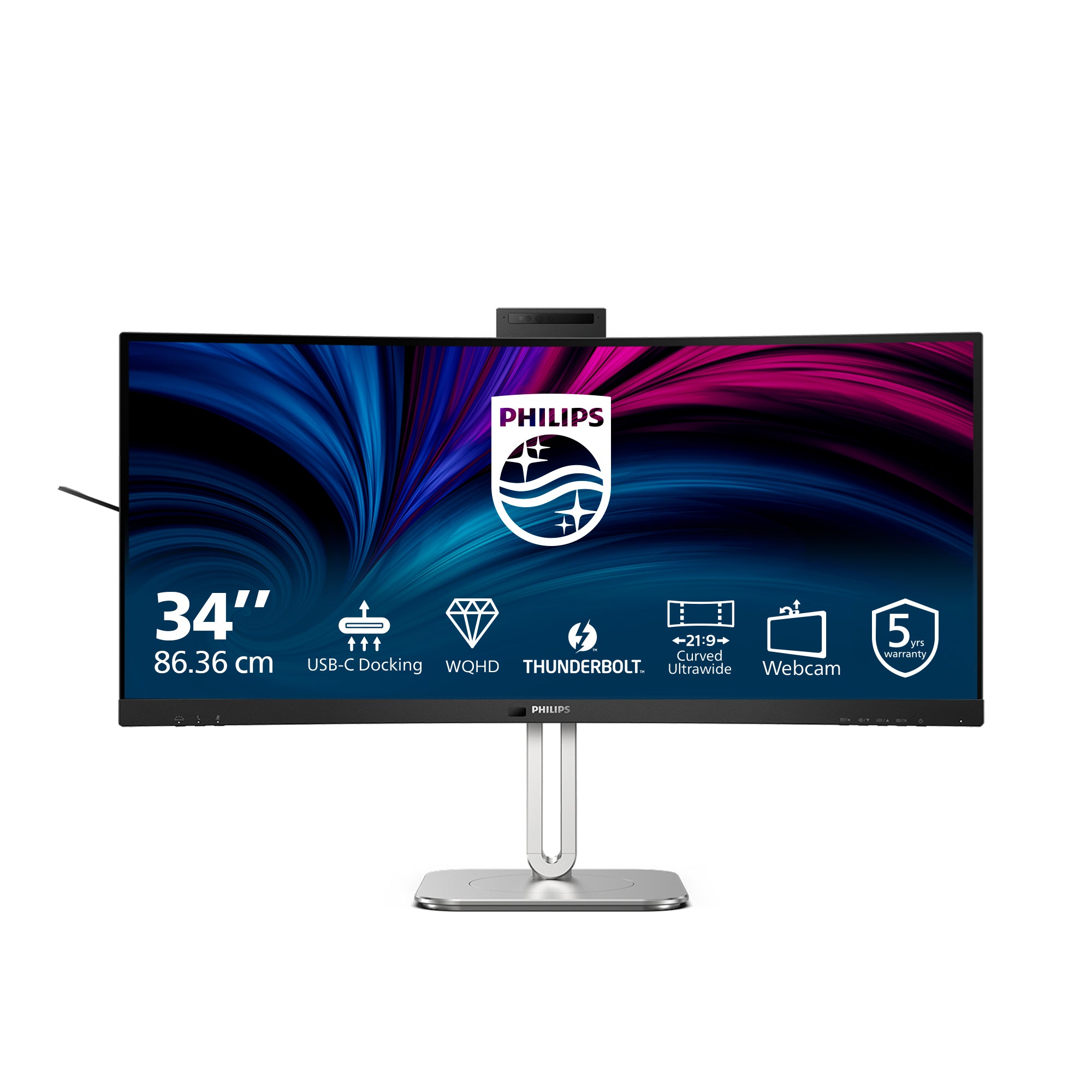 Philips 34B2U6603CH/00 – Monitor, 34", VA, 120 Hz, 300 cd/m², Webcam, 3× USB-C, KVM, VESA 100 × 100, Schwarz