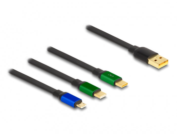 DeLOCK USB-Kabel – USB-A auf Micro-USB-B, 2× USB-C – USB 2.0 (480 Mbit/s) – 1,13 m – Schwarz