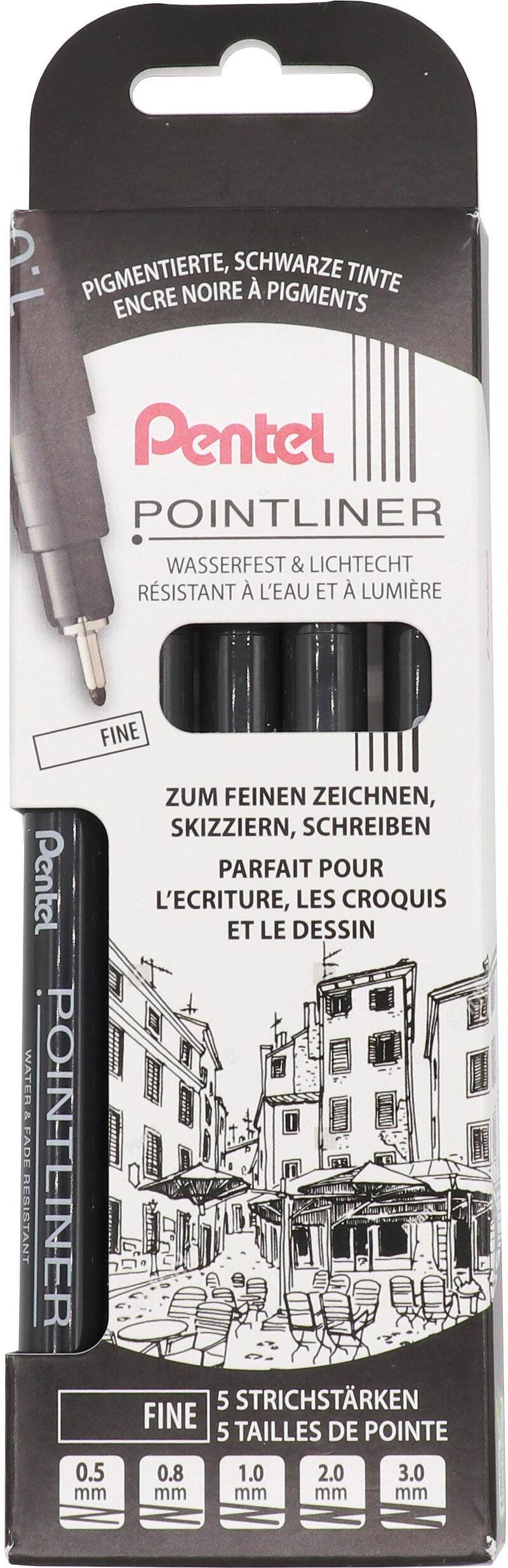 Pentel Pointliner YS20P-5UF Fineliner Set – 5 Stk., multi, schwarz, wasserfest