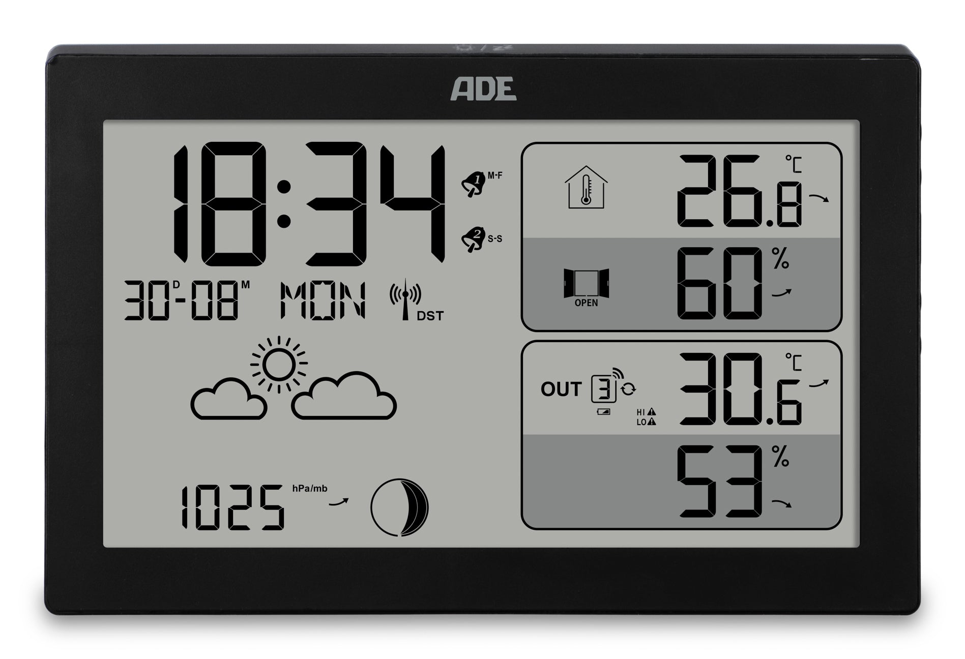 ADE WS2325 – Wetterstation, inkl. Funk-Aussensensor, Display, Wecker – Schwarz (2er-Pack)