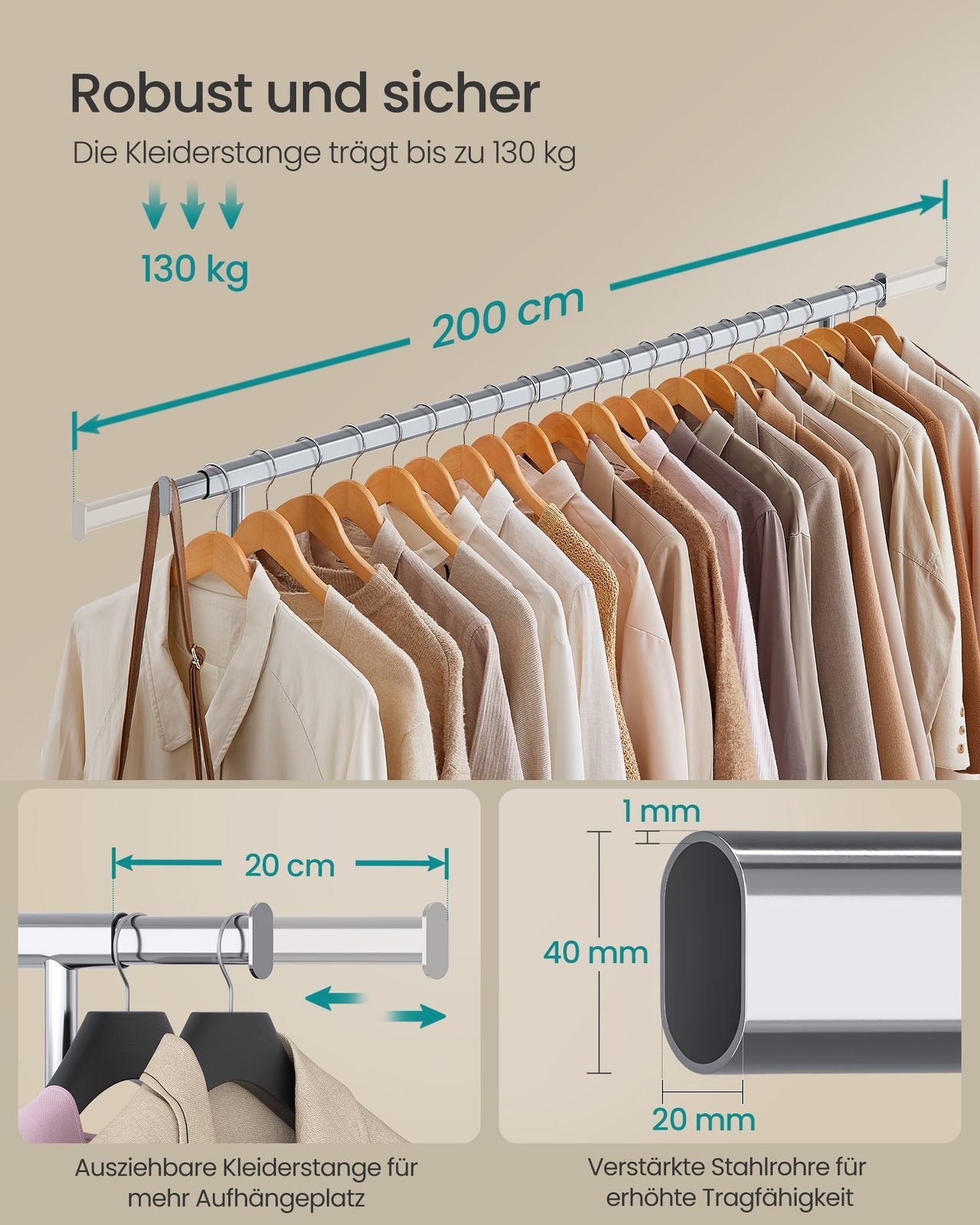 Songmics Kleiderständer – mit Rollen, ausziehbar, Stahl/Kunststoff, 160 × 45 × 161,5 cm, Traglast 150 kg