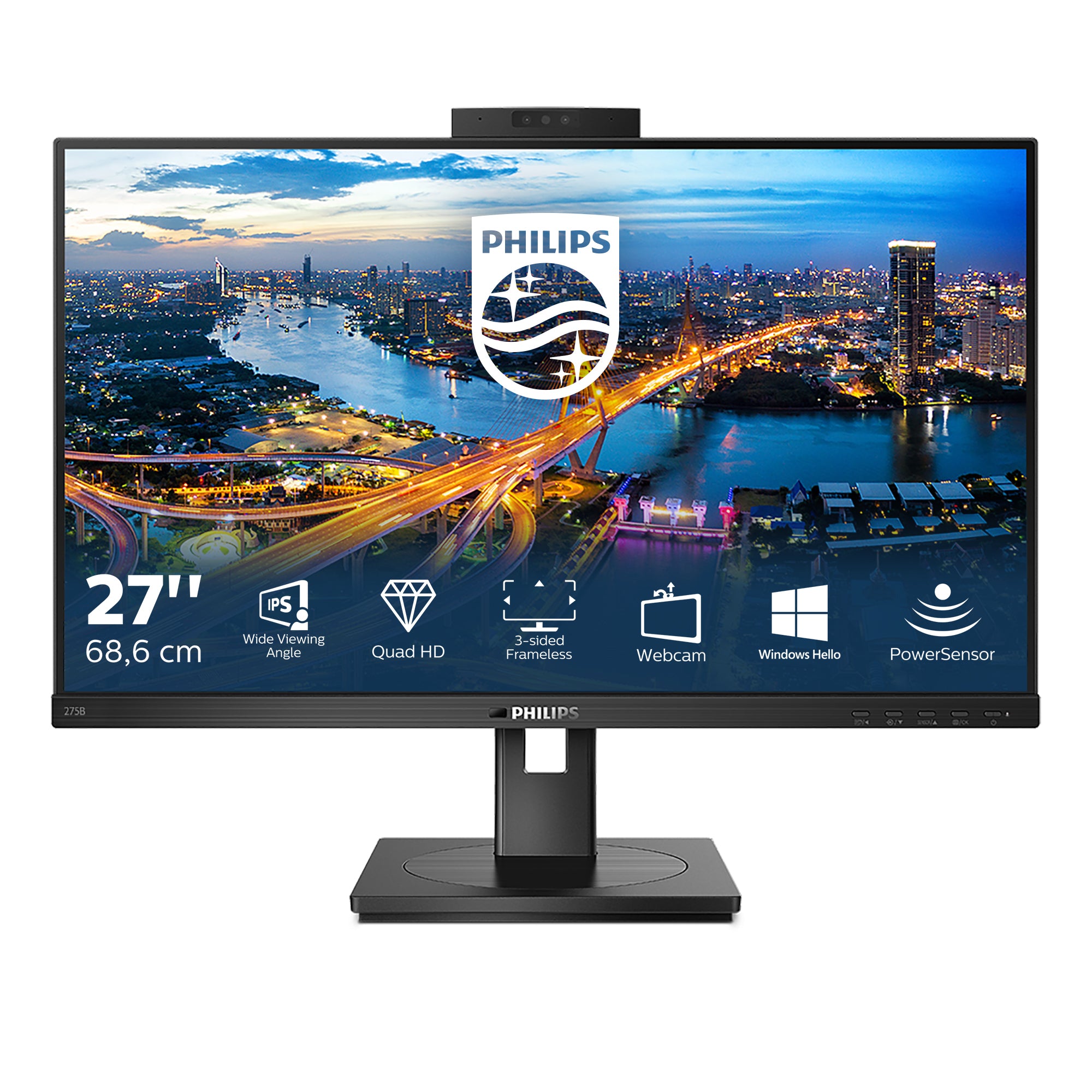 Philips 275B1H/00 – Monitor, 27", 2560 × 1440 (WQHD), IPS, 75 Hz, 300 cd/m², Webcam, VESA 100 × 100, Schwarz