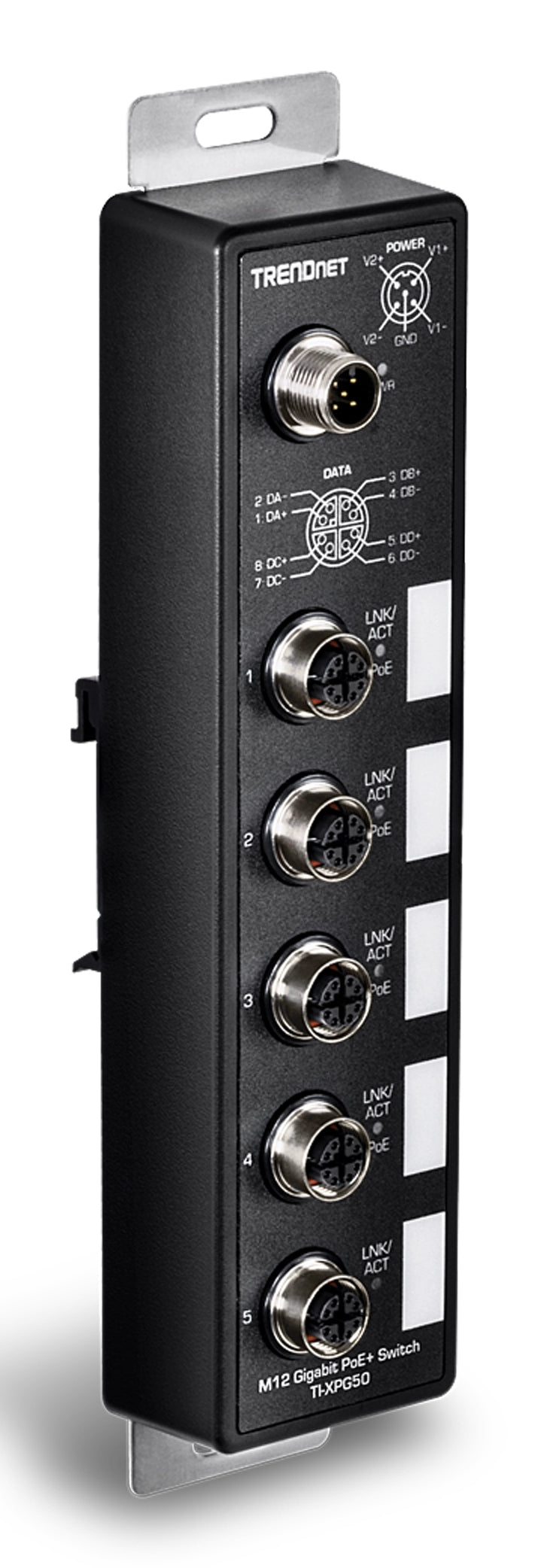 TRENDnet TI-XPG50 – Unmanaged EN50155 Switch – 4× M12 1G PoE+, 1× M12 1G, PoE-Budget 120 W, IP67