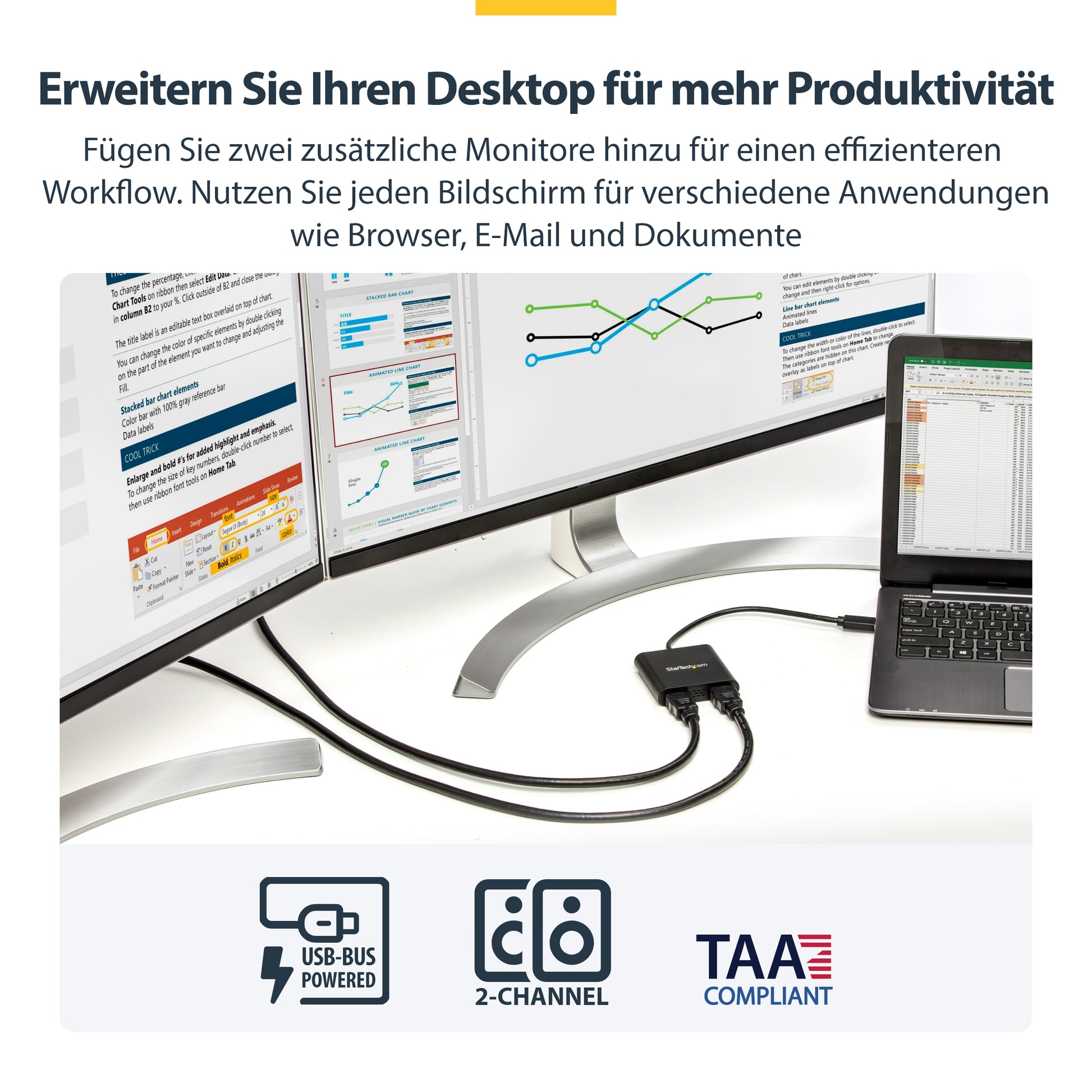 StarTech.com USB-A zu 2× HDMI Adapter – 4K (3840 × 2160) @ 30 Hz + 1080p, USB 3.2 Gen 1, für Windows