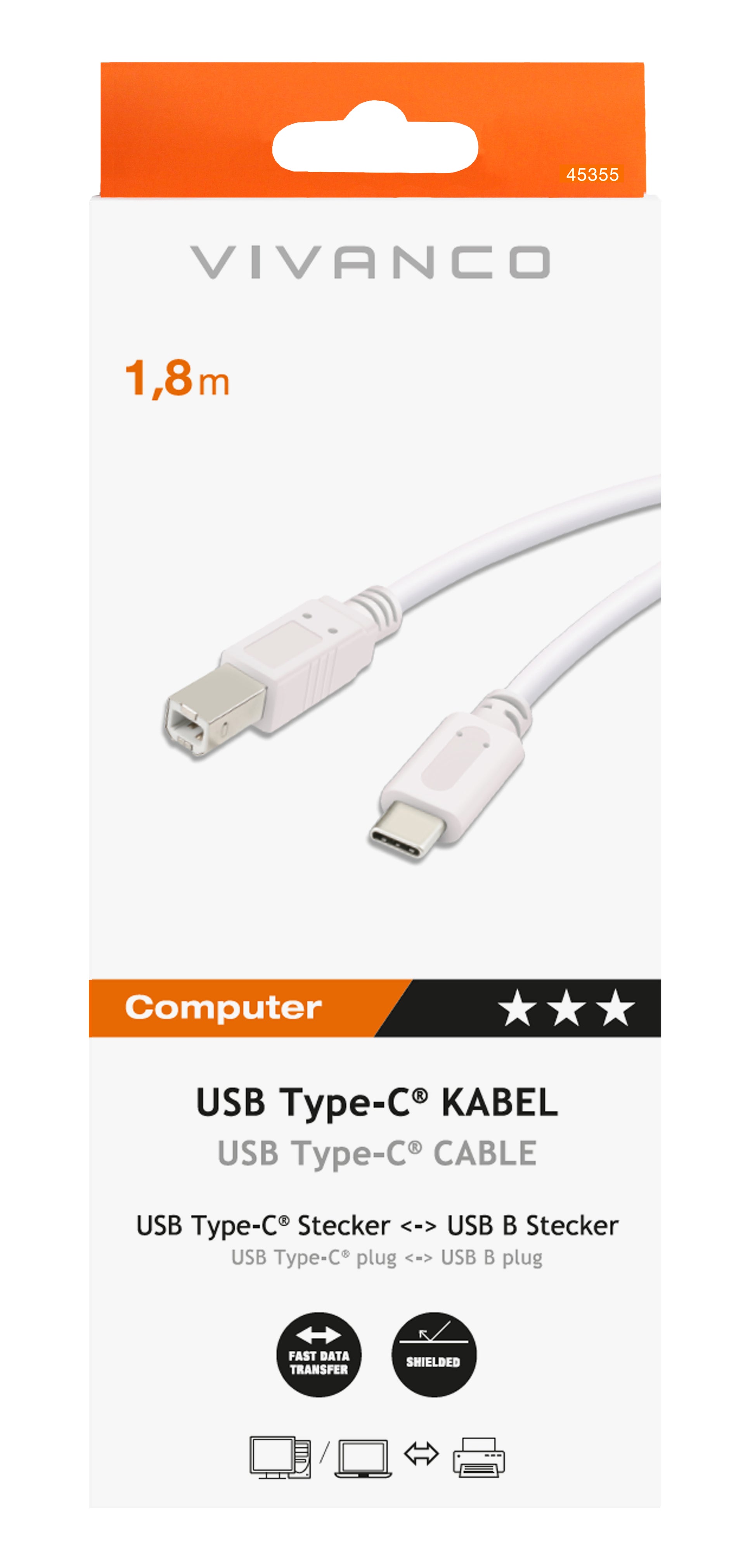 Vivanco USB-C auf USB-B Kabel – 1,8 m – Weiss – für Drucker, Scanner und mehr