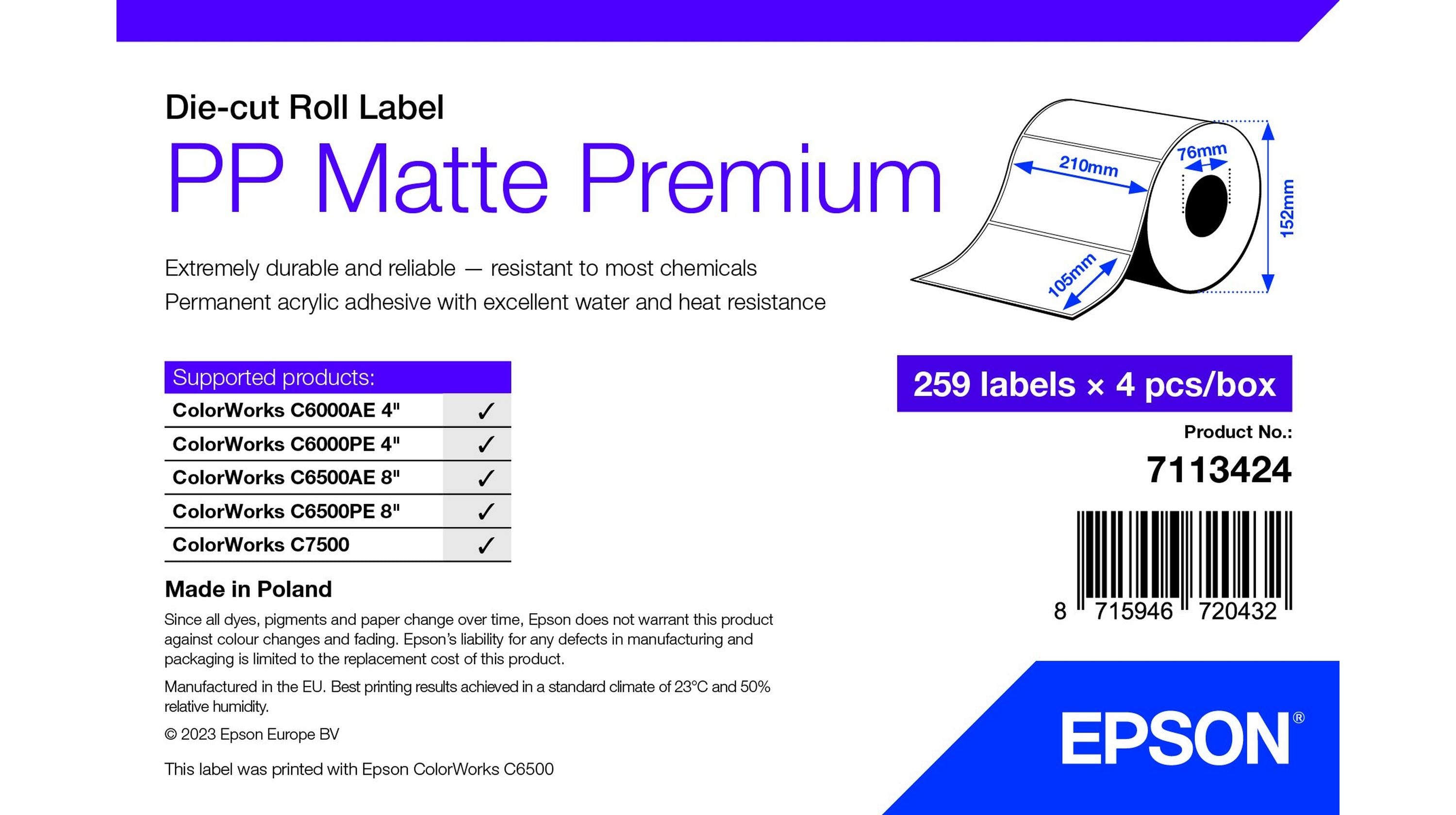Epson Vorgestanzte Rollen-Etiketten, 105 mm × 210 mm, mattes PP, 259 Etiketten