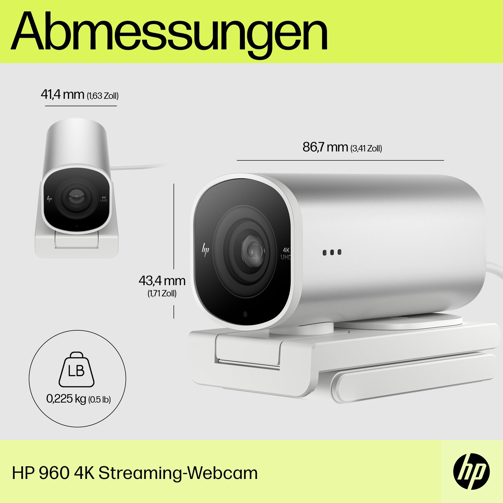 HP 960 – Webcam – 4K, bis 30 fps, USB‑A, Autofokus, 5× digitaler Zoom, Stereo-Mikrofon, Silber