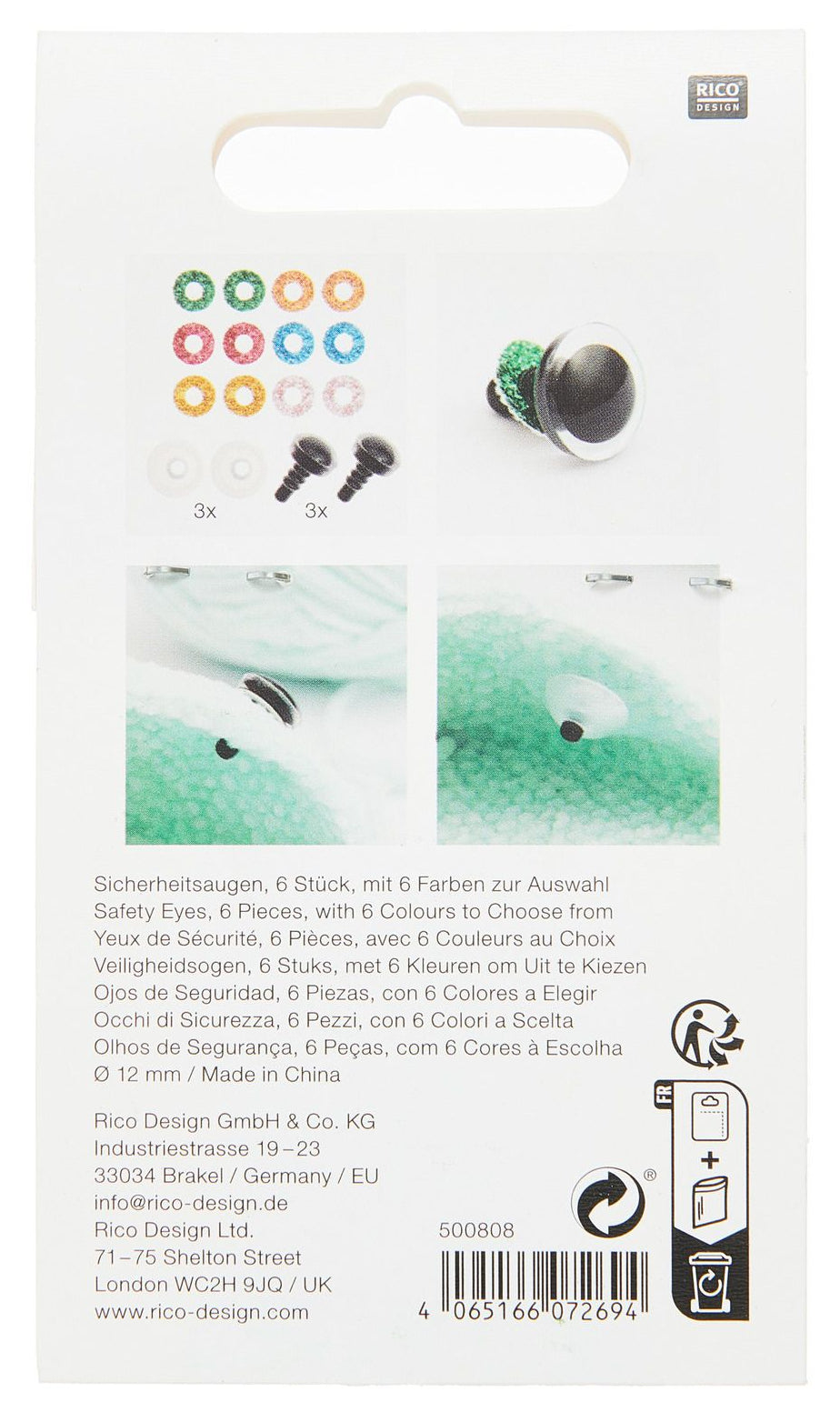 Rico Design Sicherheitsaugen, 12 mm, Karte 6 Stk, Gelb/Grün
