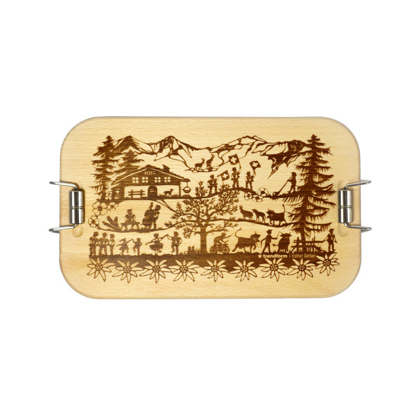 Trendform Lunchbox Swiss Tradition – Holz (Buche) & Blech – Silber, Schweiz-Motiv – 11,5 × 6,5 × 19 cm