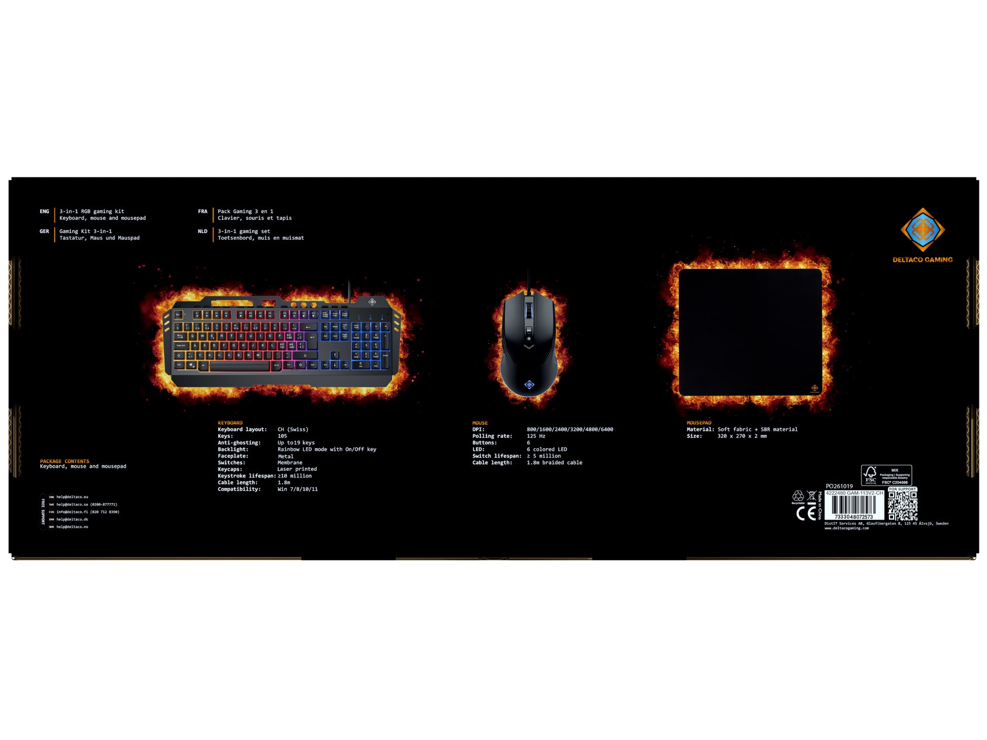 Deltaco Gaming GAM-113V2 – Tastatur-Maus-Set – Membran, RGB – verkabelt, USB-A – QWERTZ (CH) – schwarz