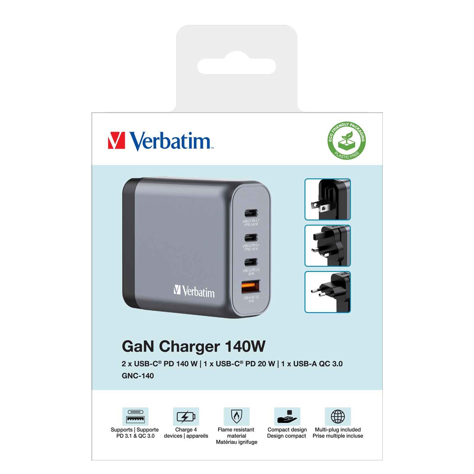 Verbatim 32203 Ladegerät – 140 W, 3× USB-C + 1× USB-A, PD, QC, PPS, GaN