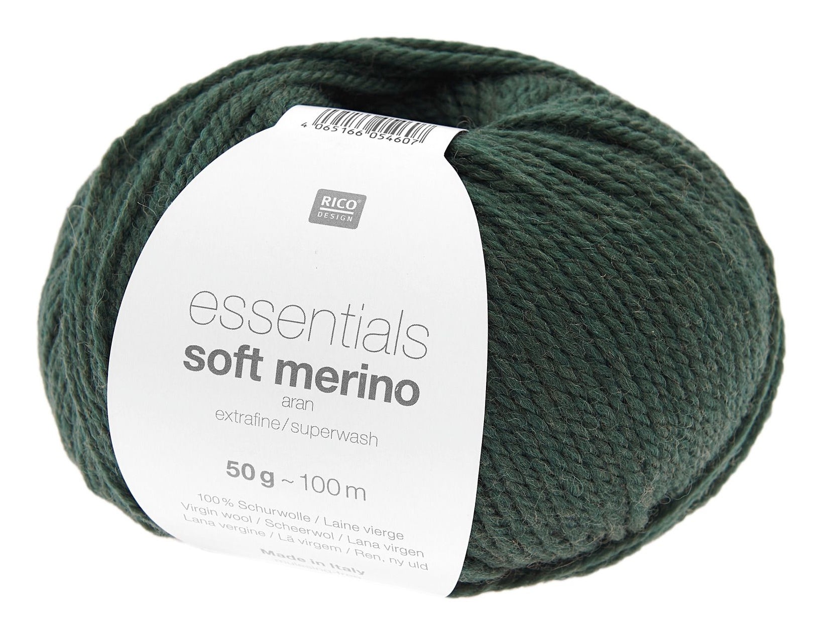 Rico Design Essentials Soft Merino Wolle Aran Dunkelgrün – 50 g, 100 m, Nadel 5 mm, 100% Schurwolle, 1 Stk.
