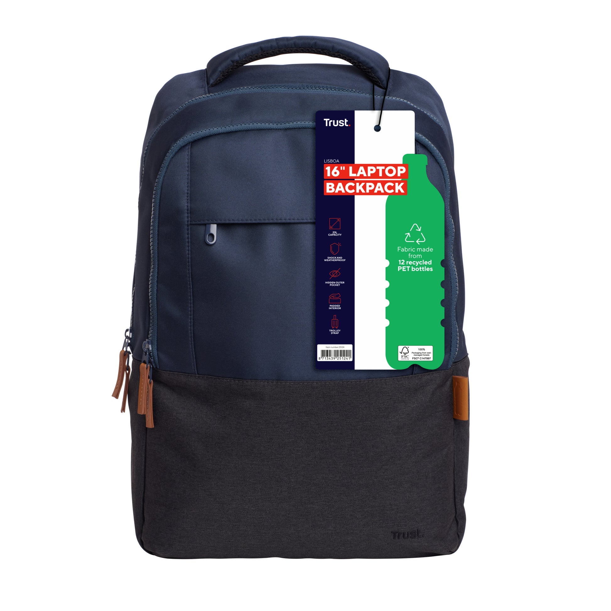 Trust Lisboa Notebook-Rucksack – für Notebooks bis 16", 23 l, recyceltes PET (rPET), blau
