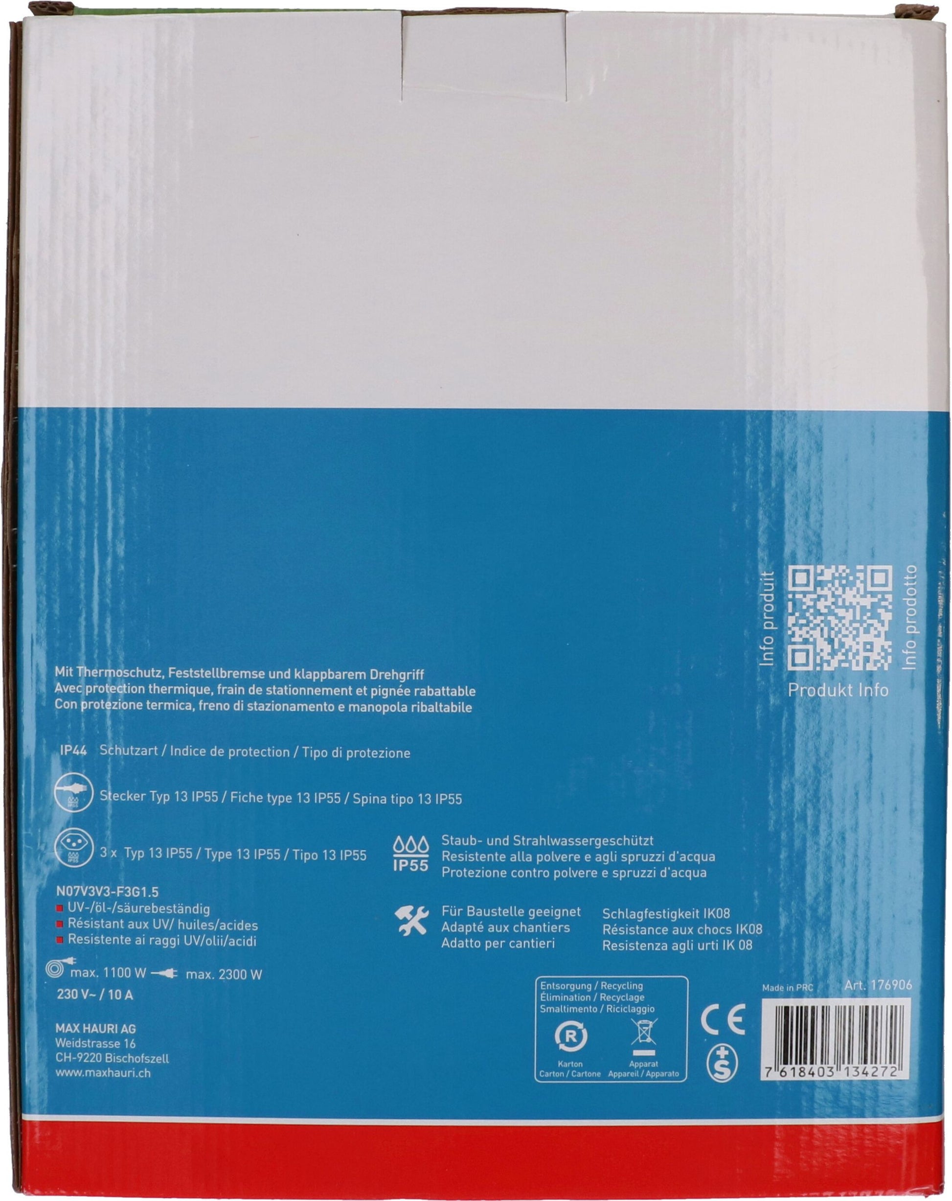 Max Hauri AG Max Hauri Kabelrolle – 3× T13, 33 m, IP55, schwarz