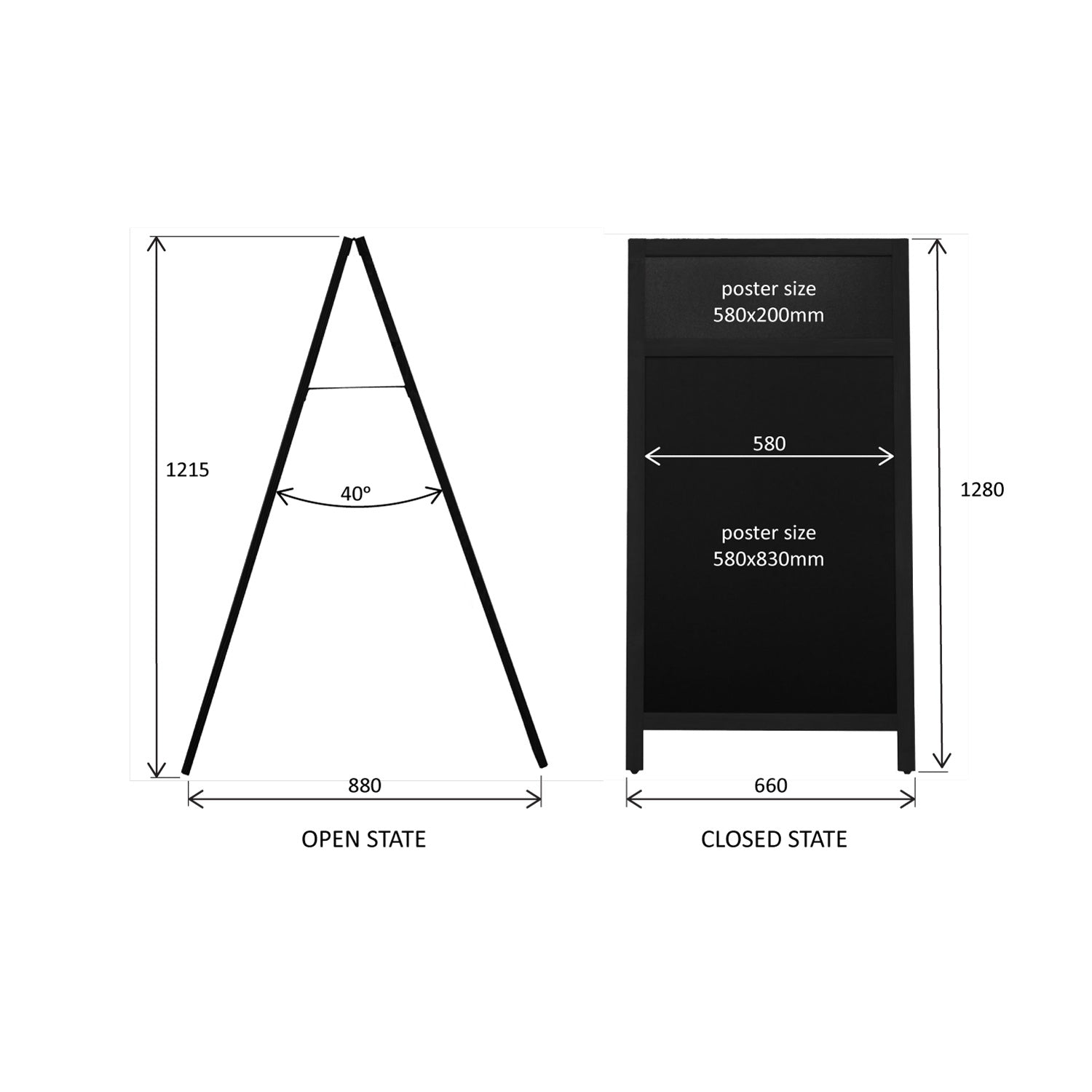 Europel Kundenstopper – 660 × 1'280 mm – Melamin, Kiefernholzrahmen, schwarz – doppelseitig für Kreidemarker