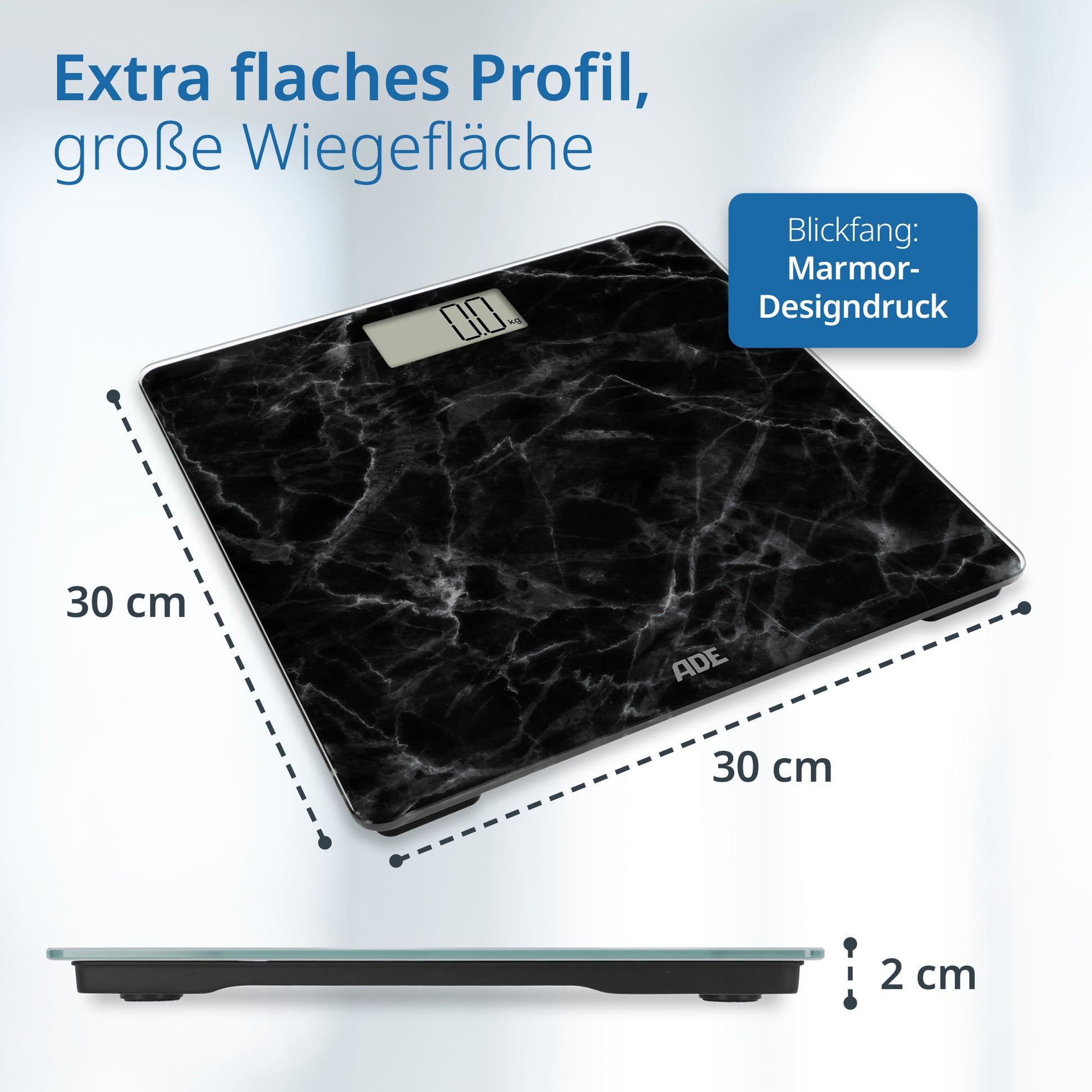 ADE Paketwaage Amina Marmor – Tragkraft 180 kg, Teilung 100 g, Wiegefläche 30 × 30 cm, Batterie, Glas