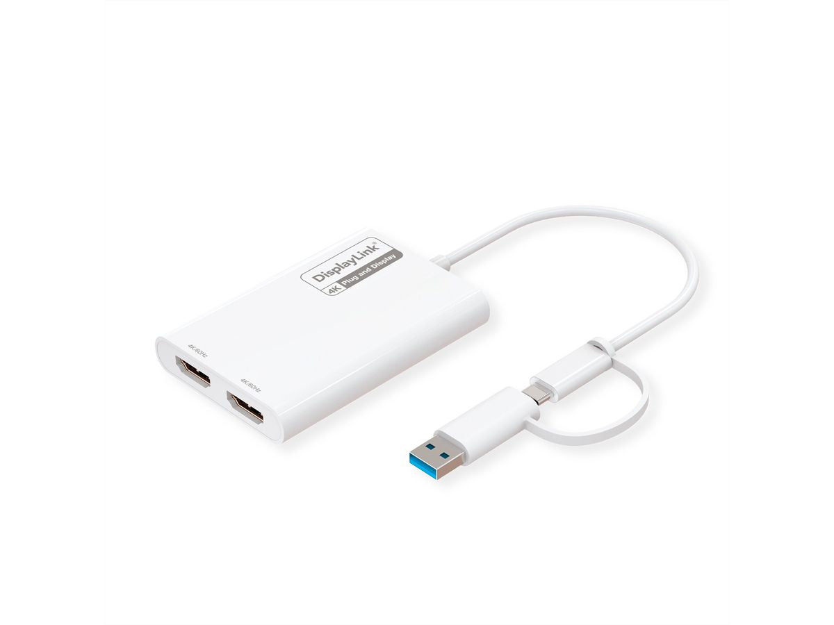 ROLINE Multi-Monitor-Adapter USB-A/C zu 2× HDMI – 4K (3840×2160) @60 Hz, 0,18 m, für USB-A/C (DP Alt Mode)