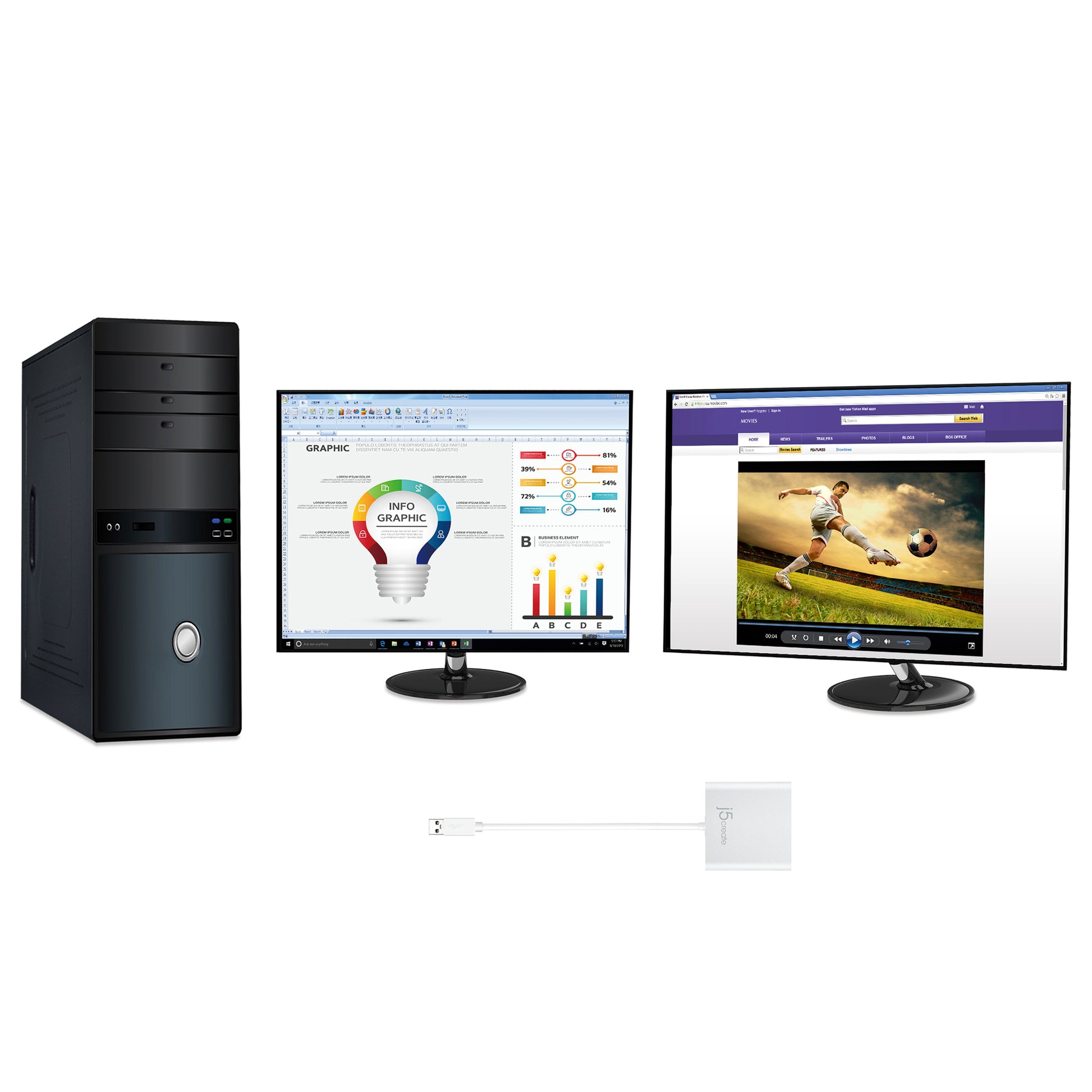 j5create JUA365-N Multi-Monitor-Adapter USB-A zu 2× HDMI – 4K (3840 × 2160) @ 30 Hz, für Windows, macOS
