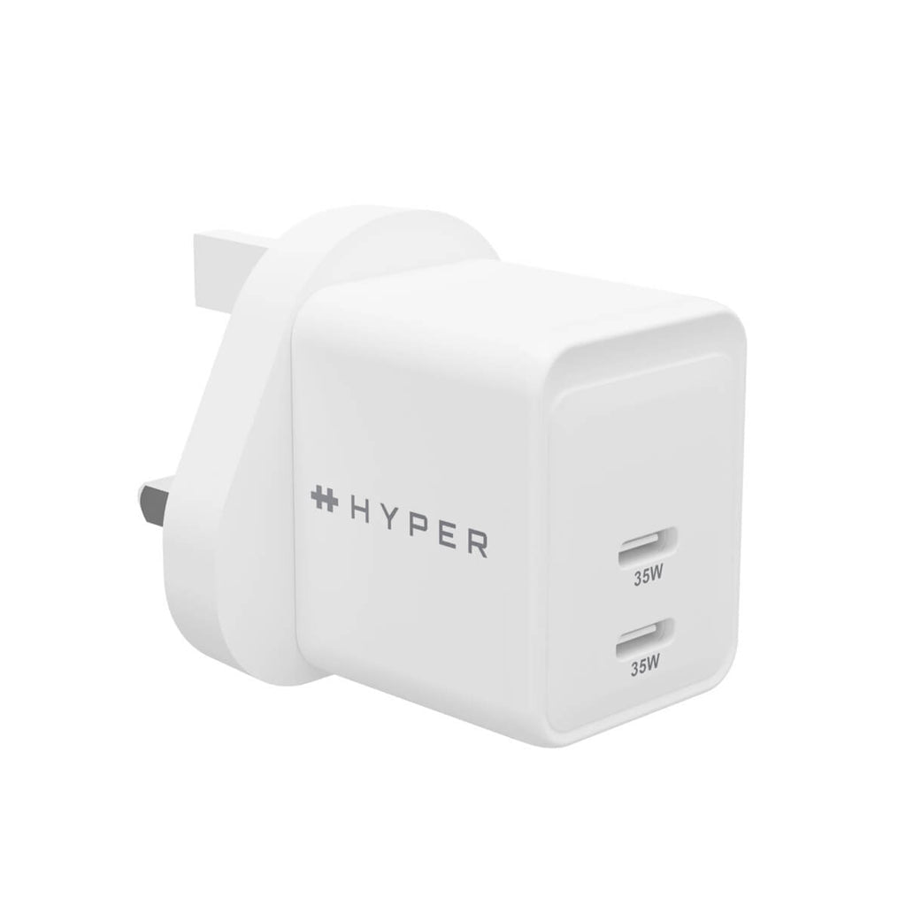 HyperJucie USB-Wandladegerät 35 W – USB-C×2 – PD 3.0, QC 3.0, PPS, GaN – UK-Stecker (Typ G) – Weiss