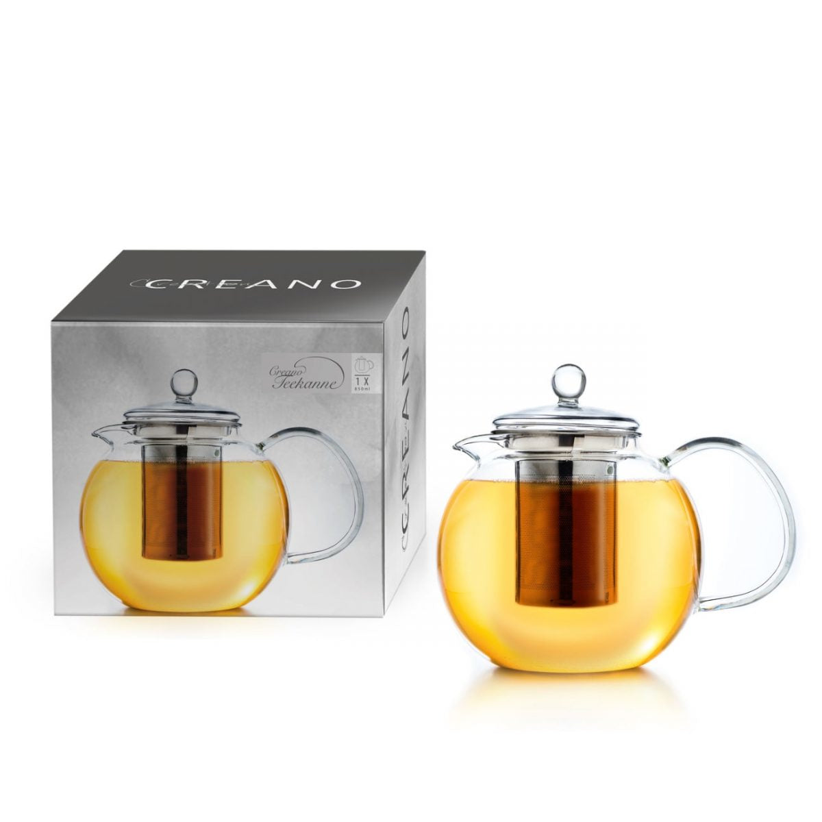 Creano Teekanne – 850 ml, Borosilikatglas/Edelstahl, transparent, mit Edelstahlfilter, spülmaschinenfest