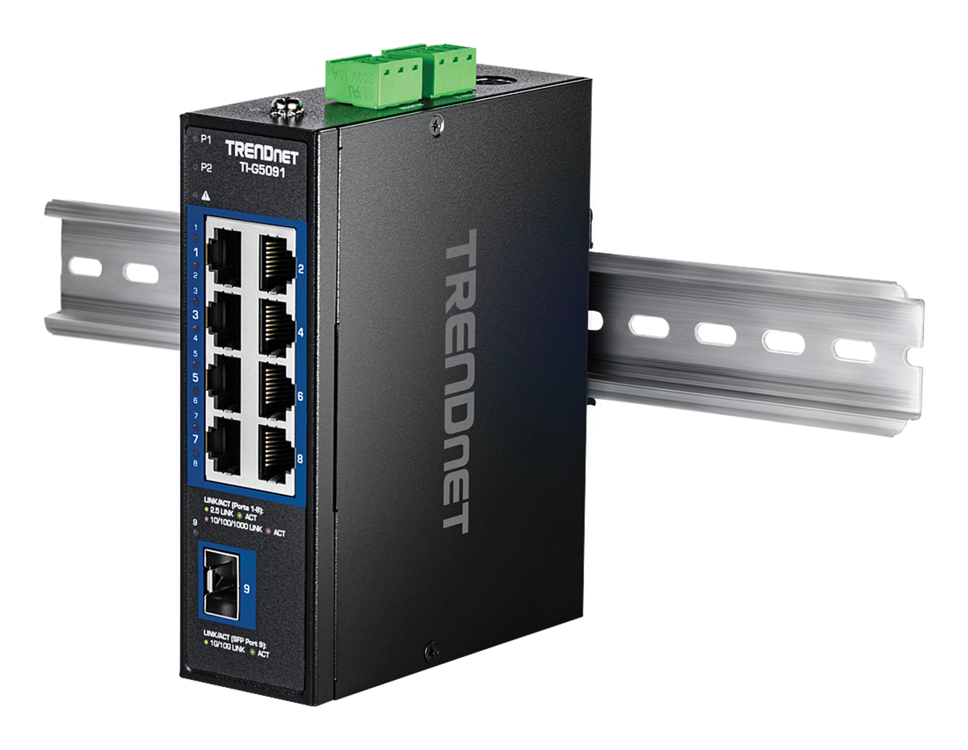 TRENDnet TI-G5091 – Unmanaged Industrial Switch – 8× 2,5G, 1× SFP+ (10G), Hutschiene, IP50