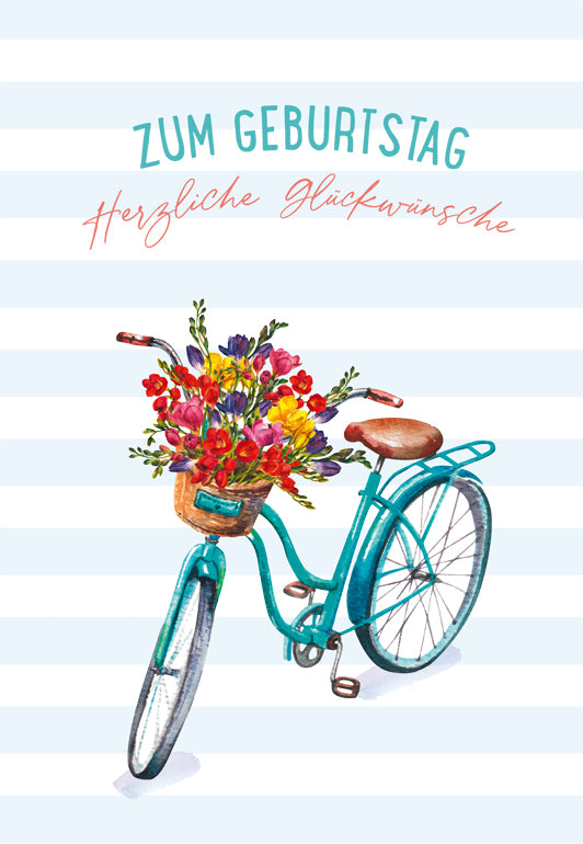 ABC Geburtstagskarte – B6, mit Couvert, Fahrrad mit Blumen im Korb
