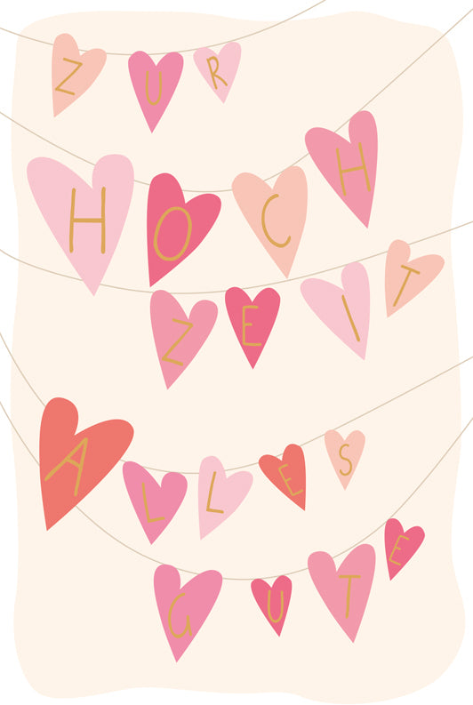 ABC Hochzeitskarte – 120 × 180 mm, mit Couvert, Wäscheleine mit Herzen