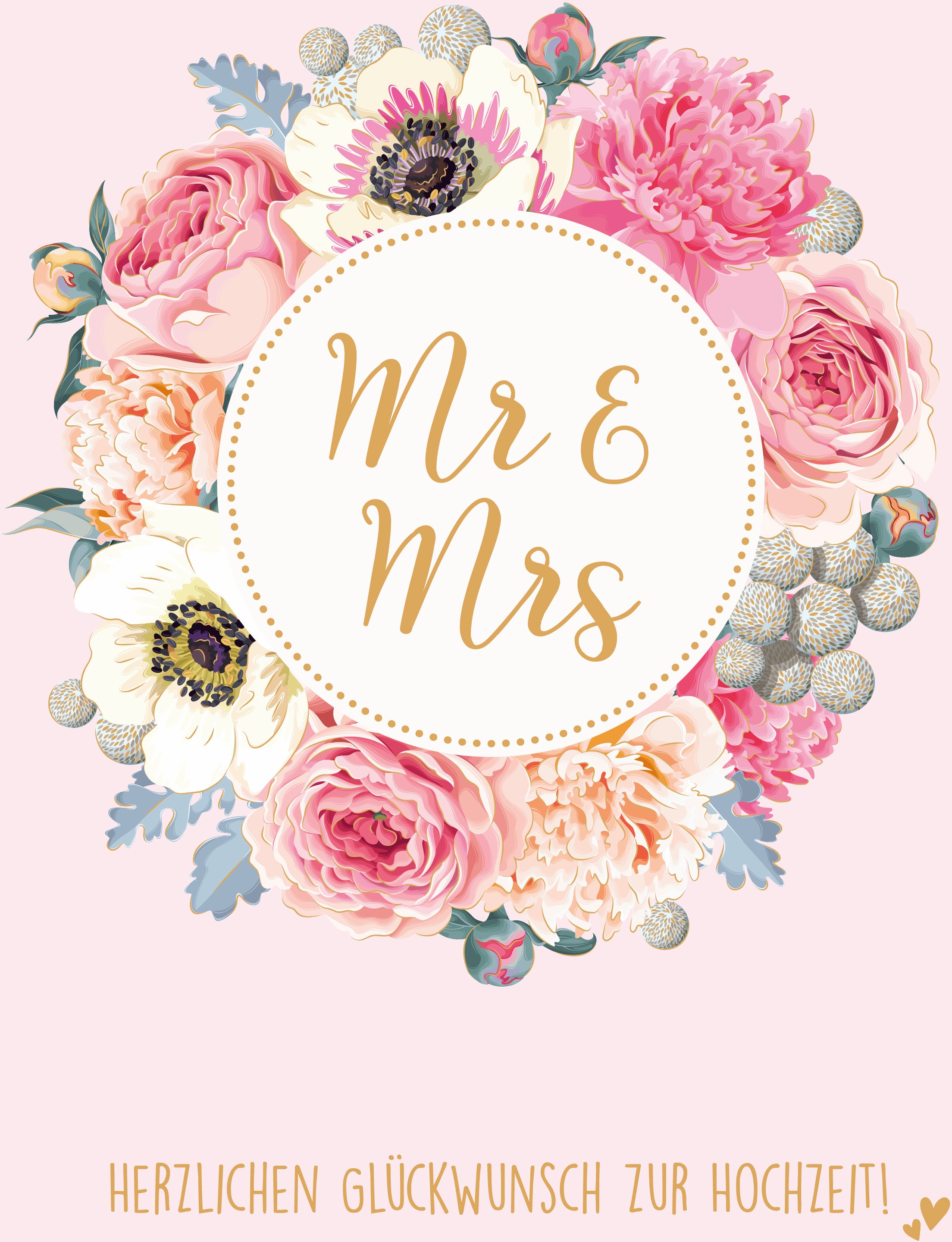 ABC Hochzeitskarte – 230 × 316 mm, mit Couvert, Blumenkranz Mr & Mrs