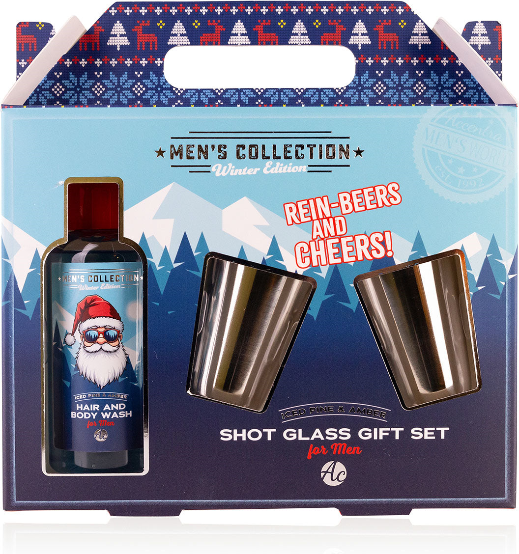 Accentra Geschenkset – 2 Schnapsbecher (je 40 ml), Hair & Body Wash 100 ml – Duft Iced Pine & Amber