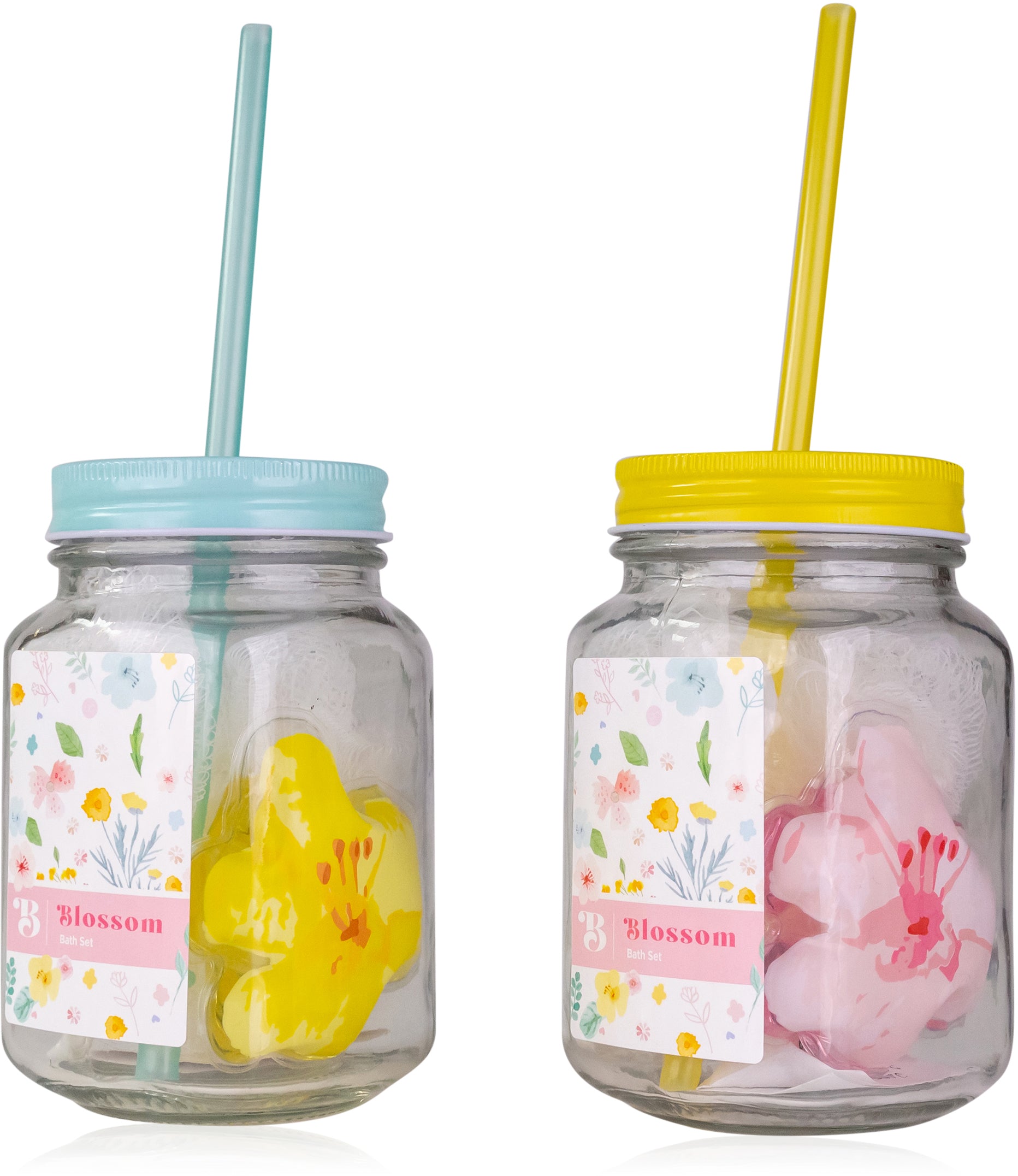 Accentra Geschenkset Blossom – inkl. 50 ml Duschgel, 15 g Netzschwamm – Duft Erdbeere – Trinkglas mit Strohhalm